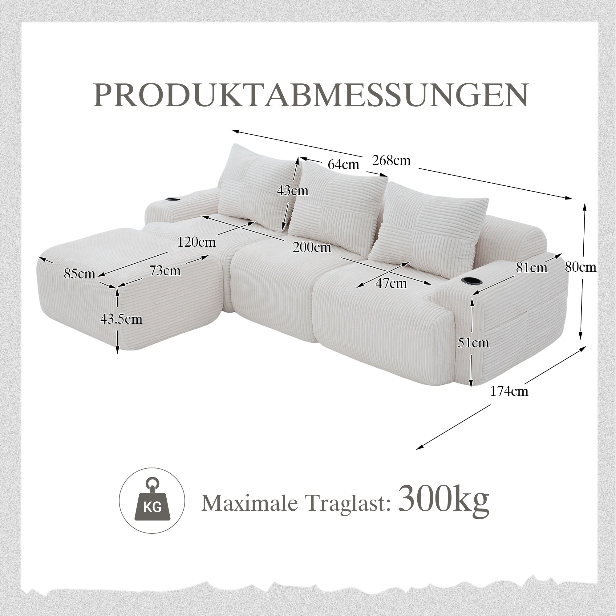 3-Seater Modular Corduroy Sofa with Ottomans, Cup Holders and Storage, Beige