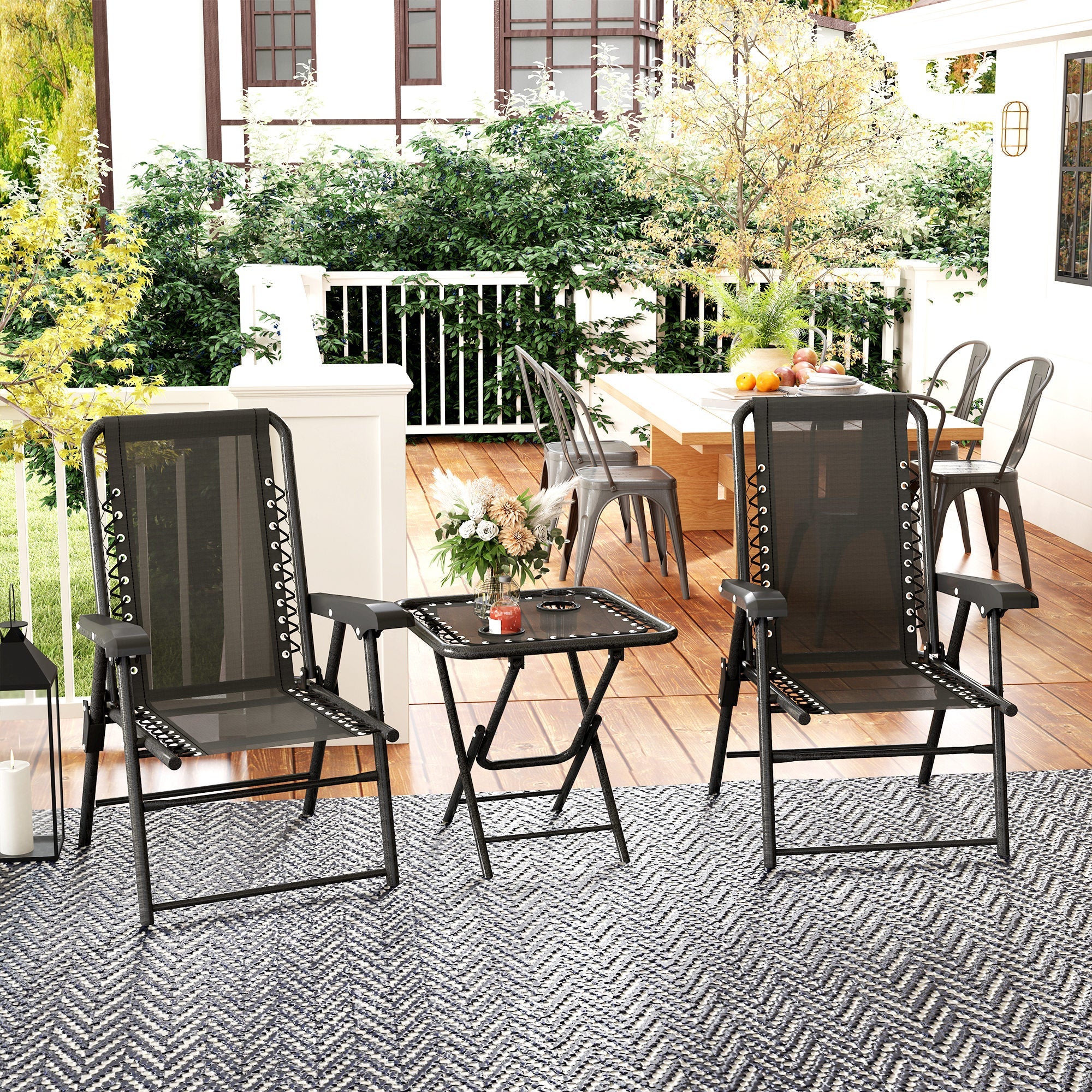 Three-Piece Garden Table and Chair Set, Folding Bistro Black