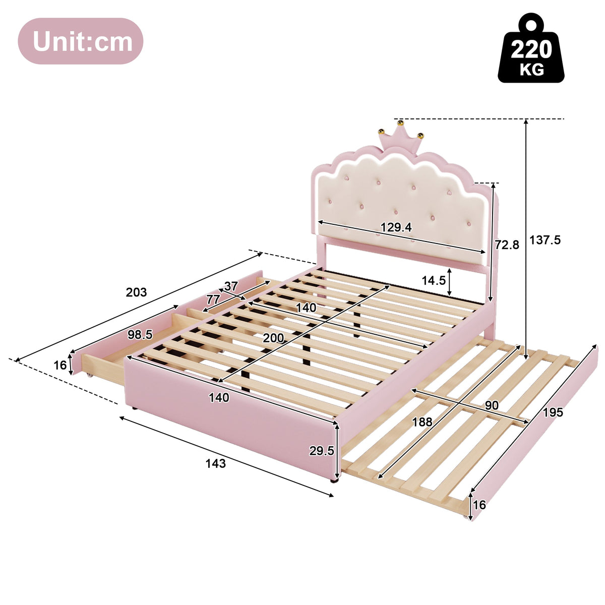 Upholstered Bed 140x200cm Pull-out 2 Drawers Ambient LED Princess Design - Pink PU