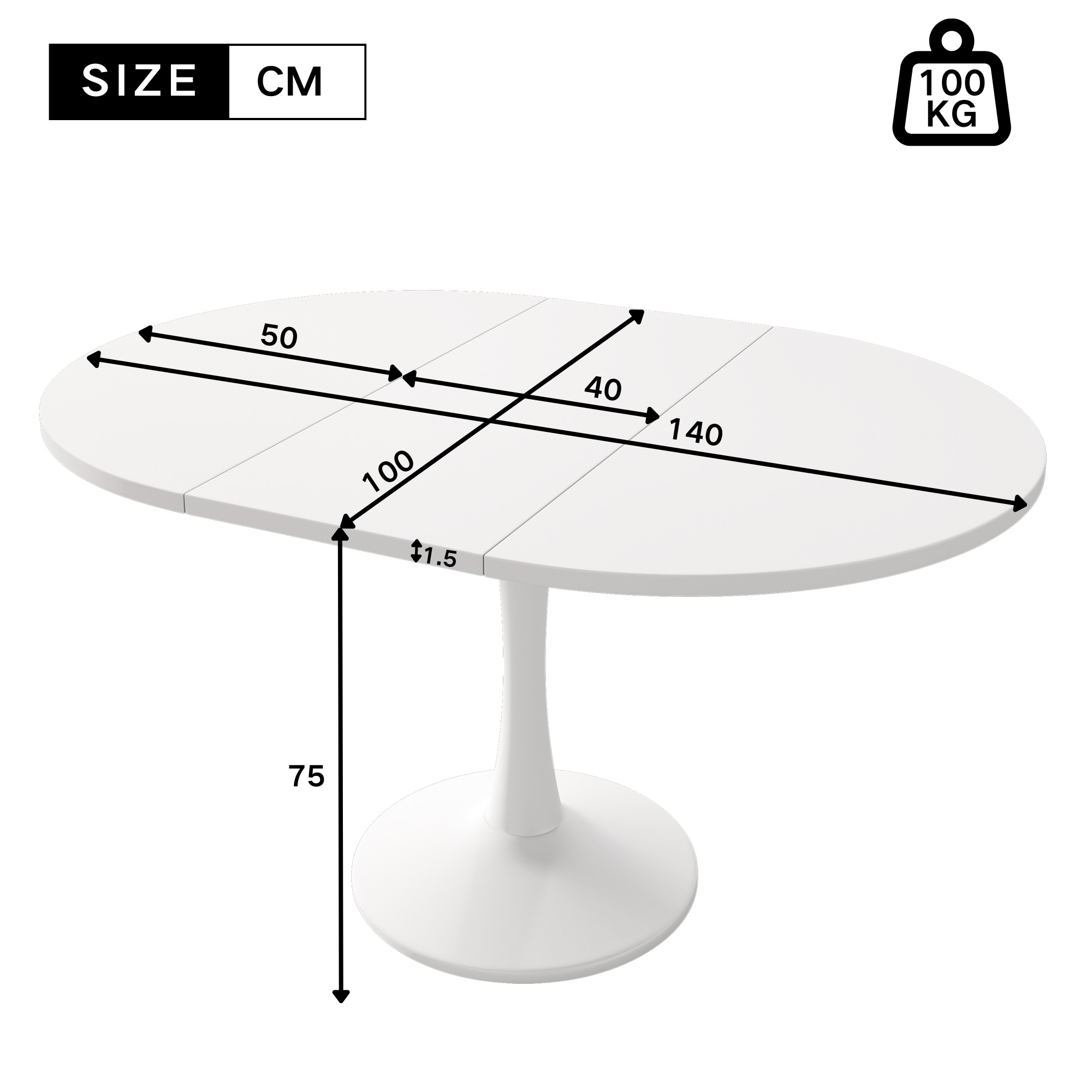 Modern Extendable Round Dining Table, 100–140 cm, 4–6 People, Space-Saving, White