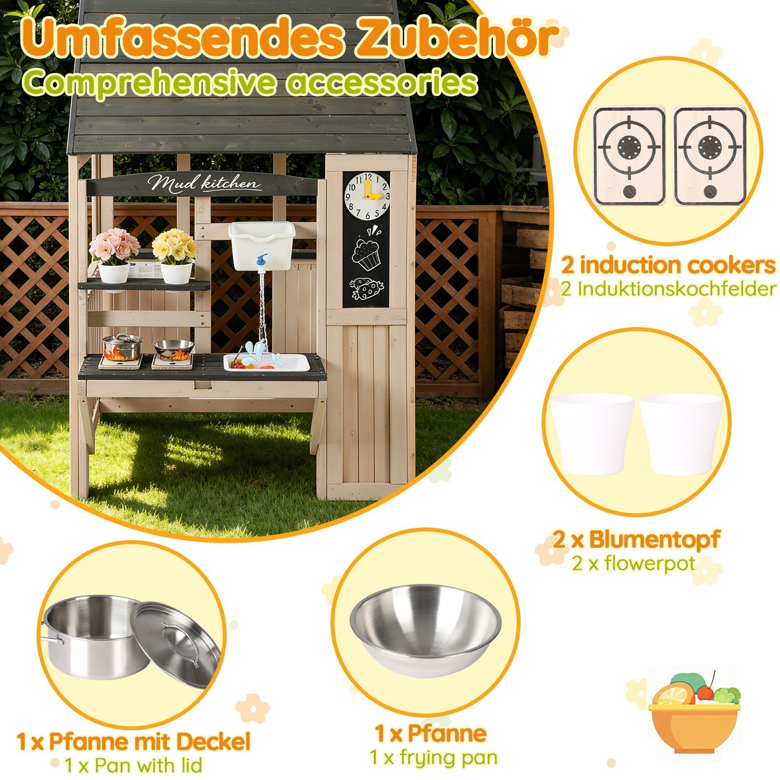 Outdoor Mud Kitchen with Real Tap and Garden Accessories, Wood