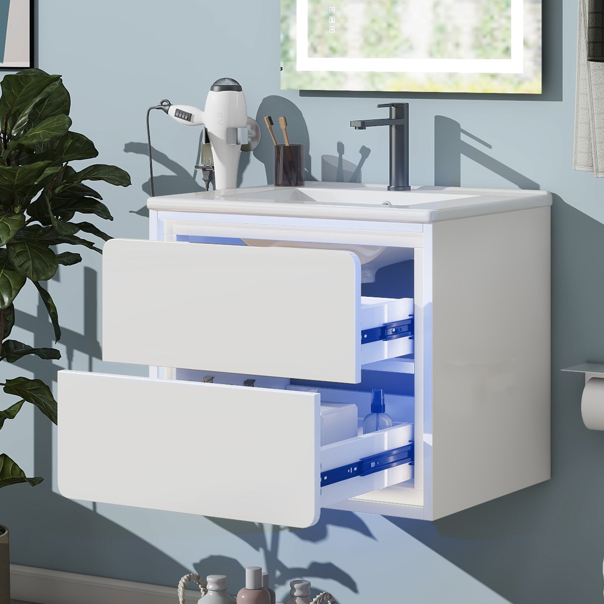 Wall-Mounted Bathroom Vanity Unit with Integrated Sink and LED Radar Sensor Lighting, White