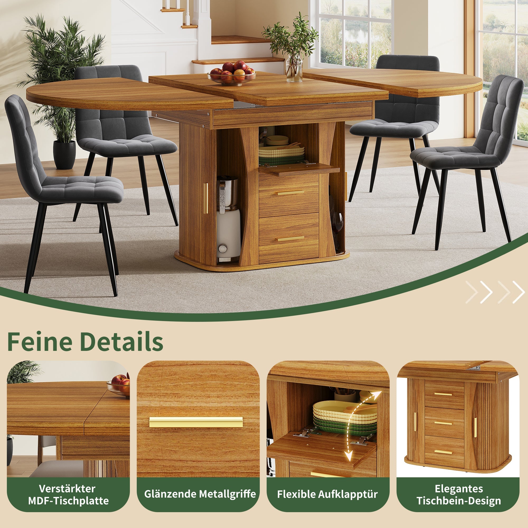 Round Dining Table to Oval with Three-Tier Storage, 118-158 cm, Walnut