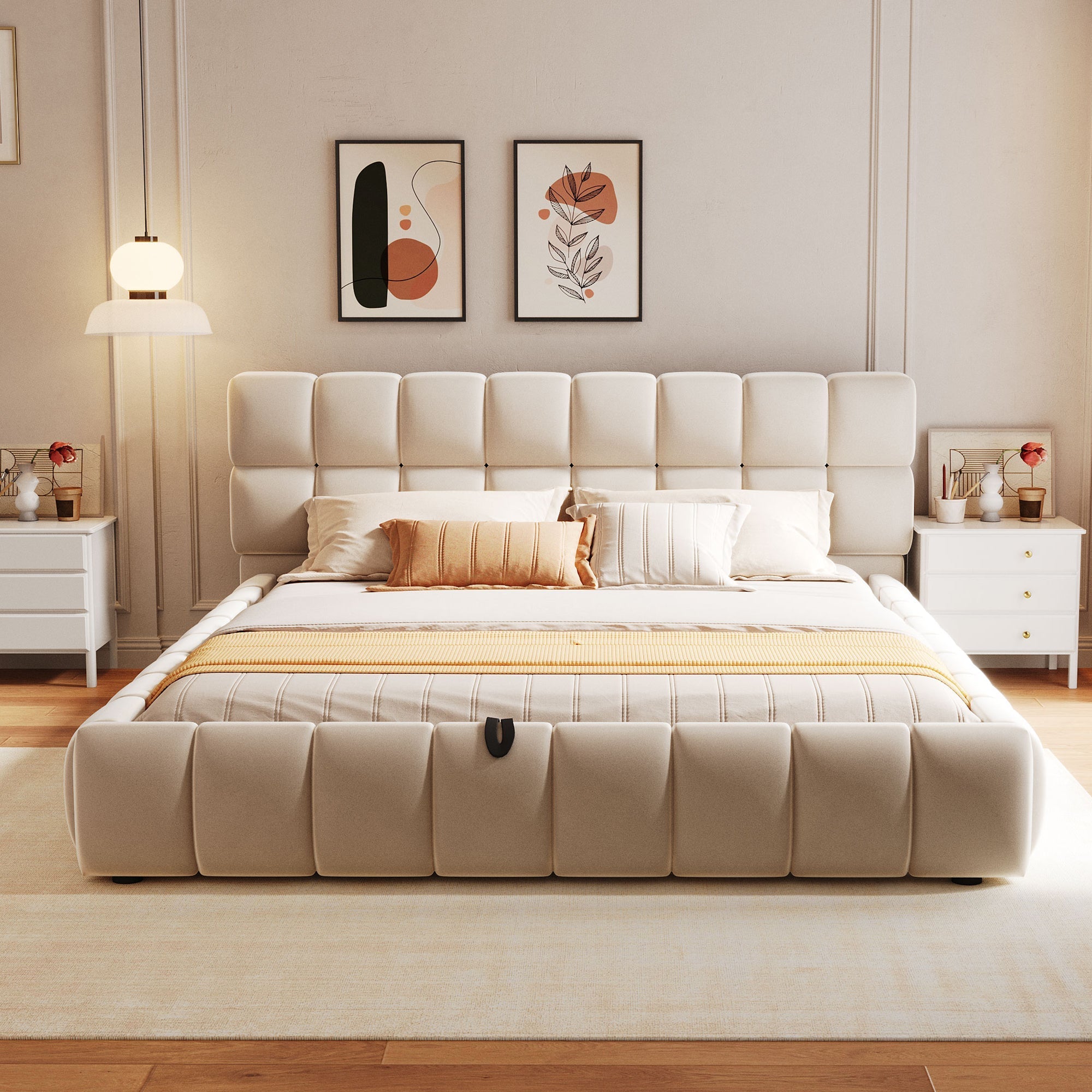 Upholstered Bed 140x200cm Hydraulic Storage, Velvet Beige