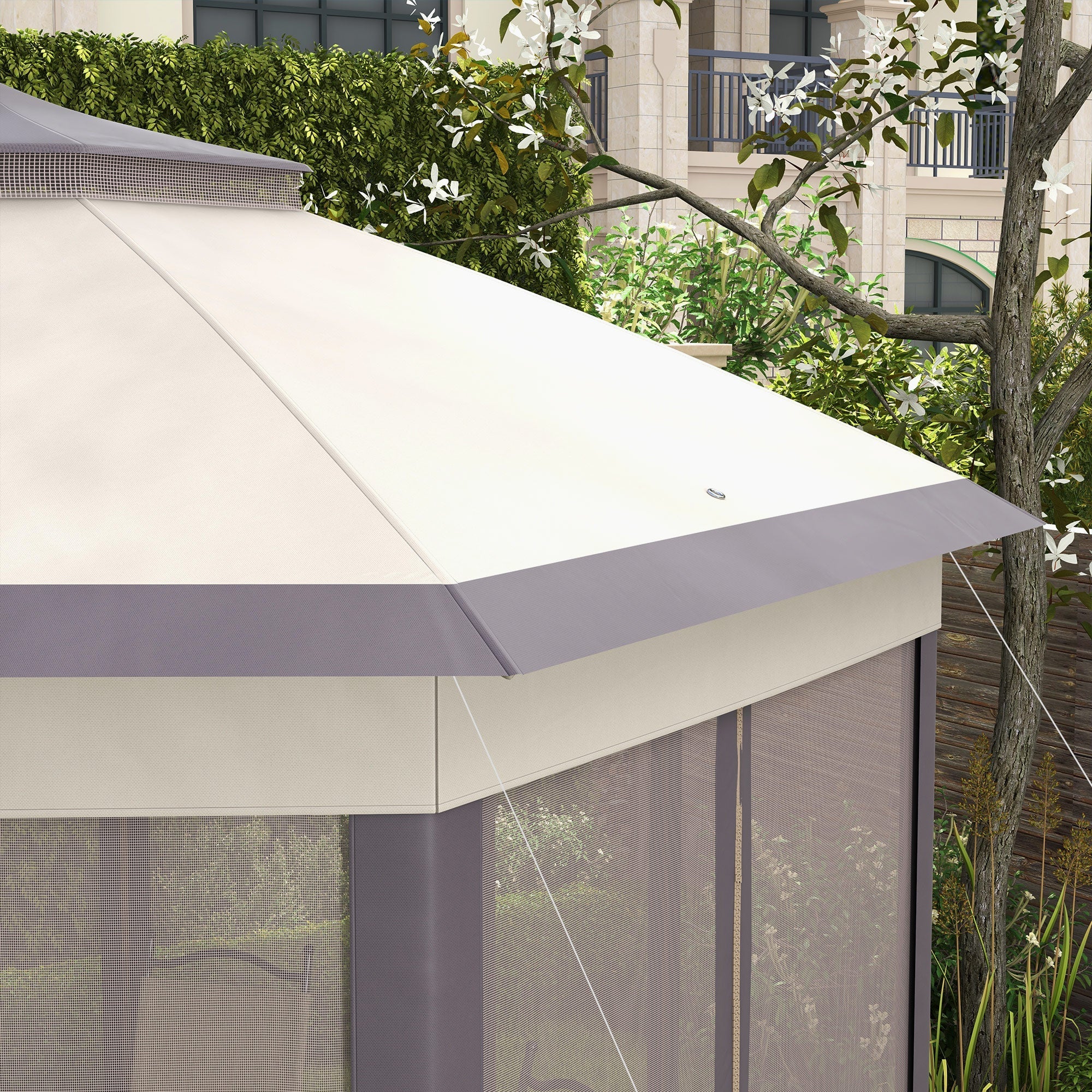 Garden Pavilion Folding Pop-Up Tent 4x4m 6 Side Panels Double Hexagonal Roof, Coffee/Beige