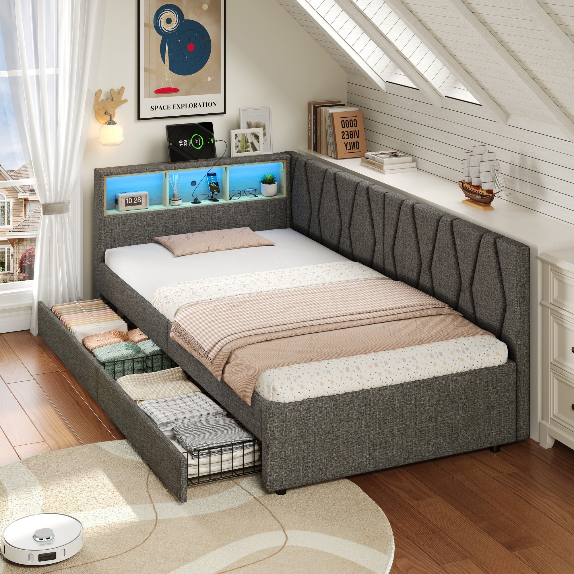 3ft Single Daybed with Two Storage Drawers, LED Modern Bed frame with Charging Station, Linen Sofa Bed, Grey