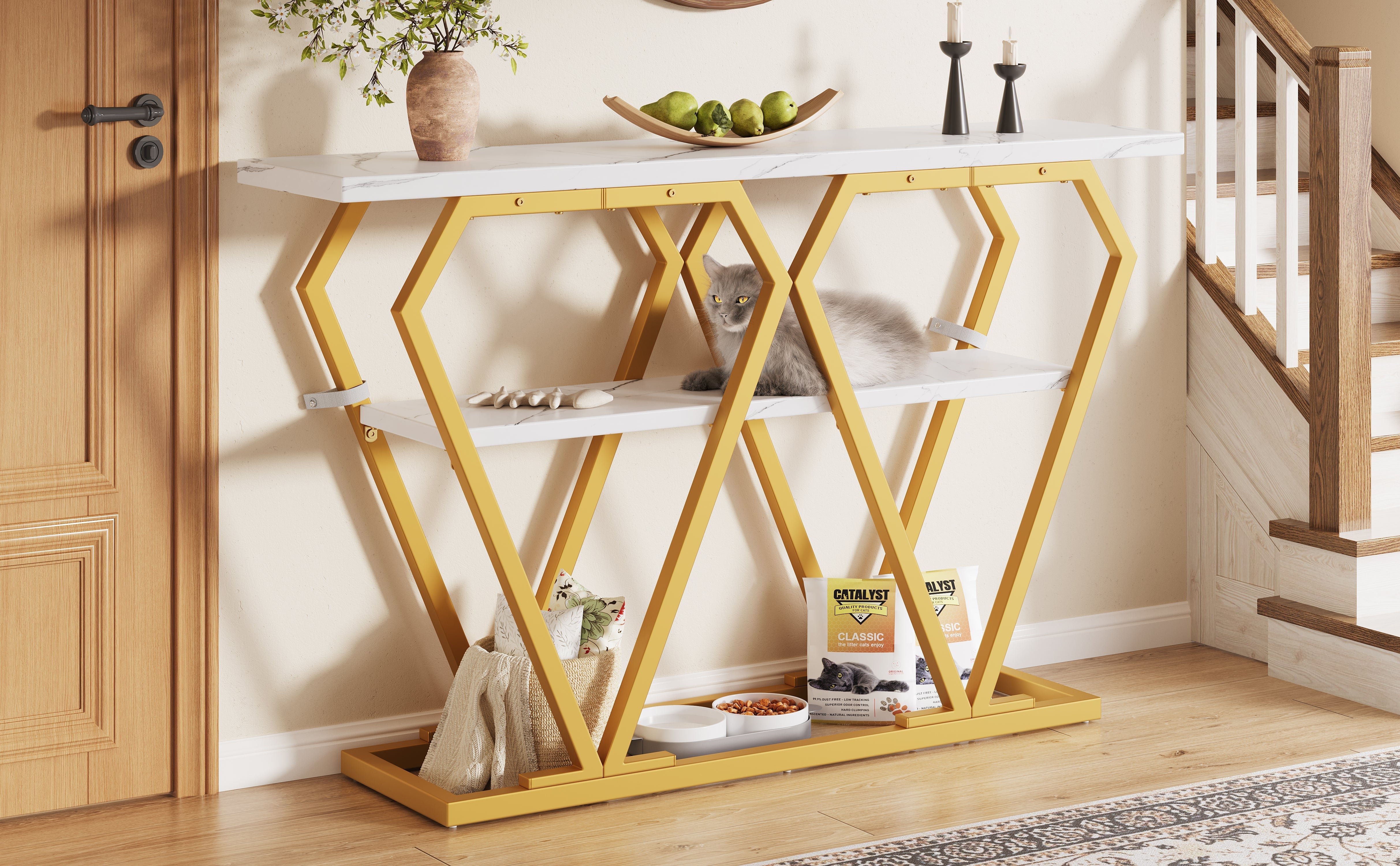 Console Table with Integrated Storage and Metal Legs, White Marble Look