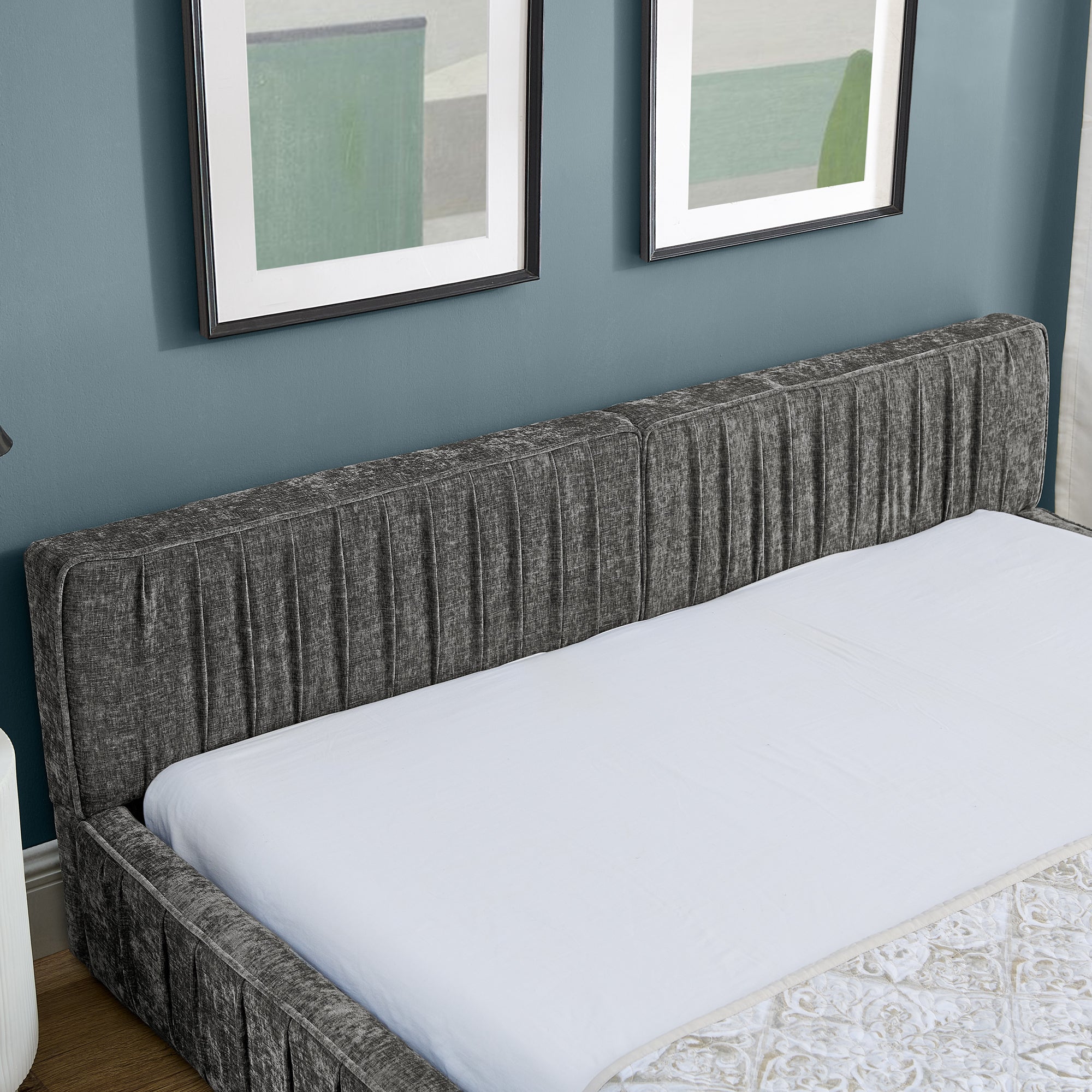 Double Bed 160x200cm Chenille Eucalyptus Wood Iron Frame - Dark Grey