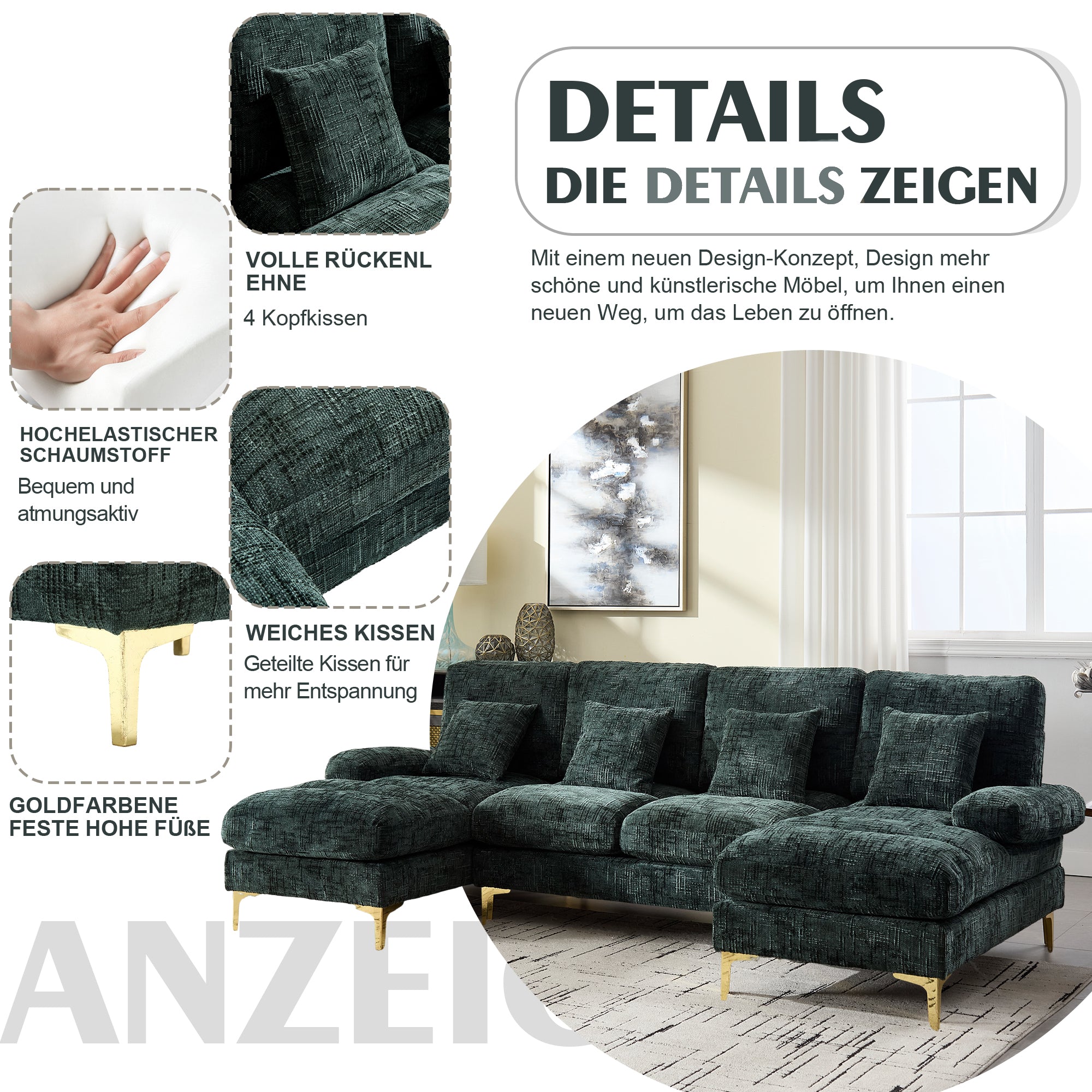 Chenille U-Shape Sectional Sofa, Large with Double Reclining Seats, Emerald