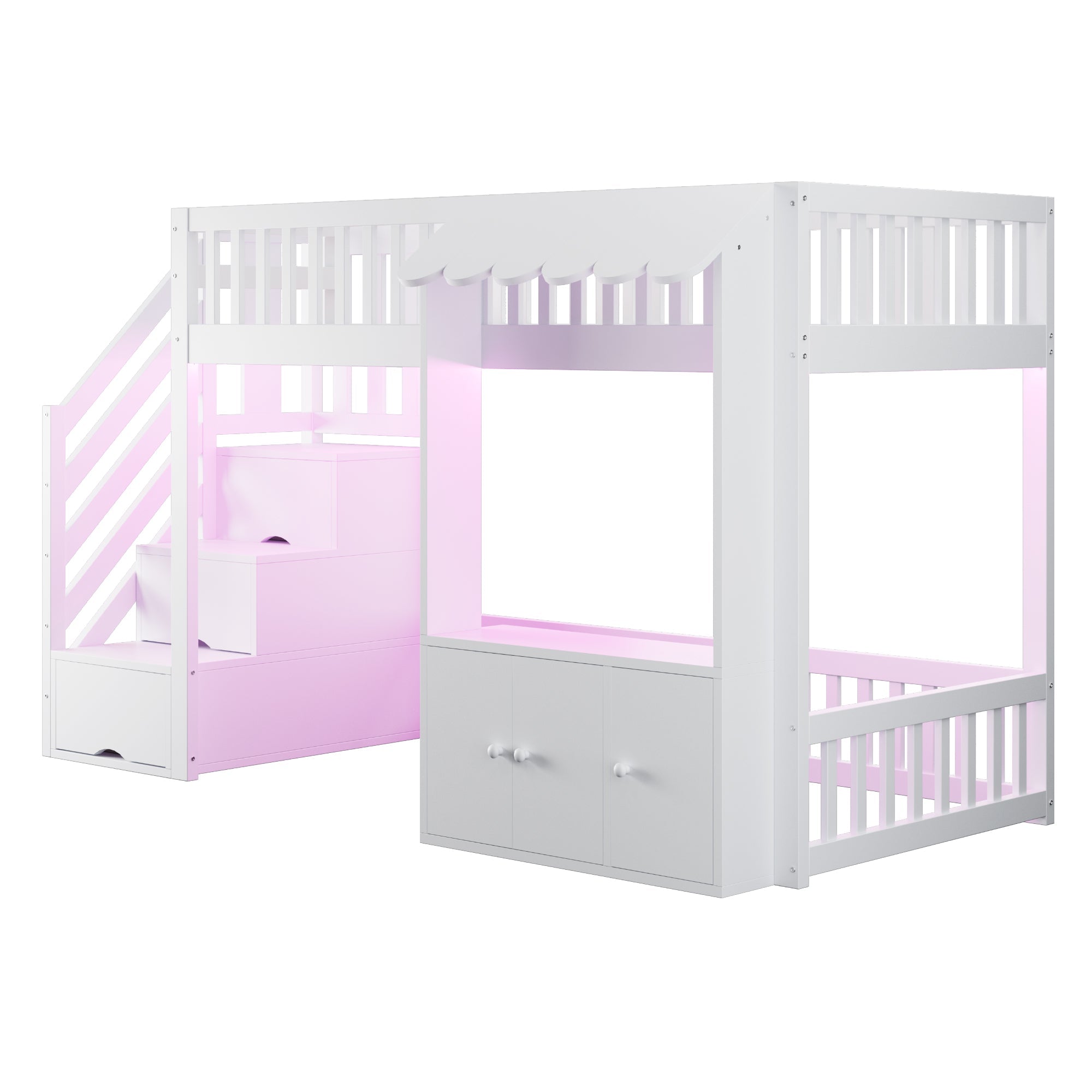 Wooden Loft Bed with Storage Wardrobe, Stairs and LED Light, 90x200cm, White Wood