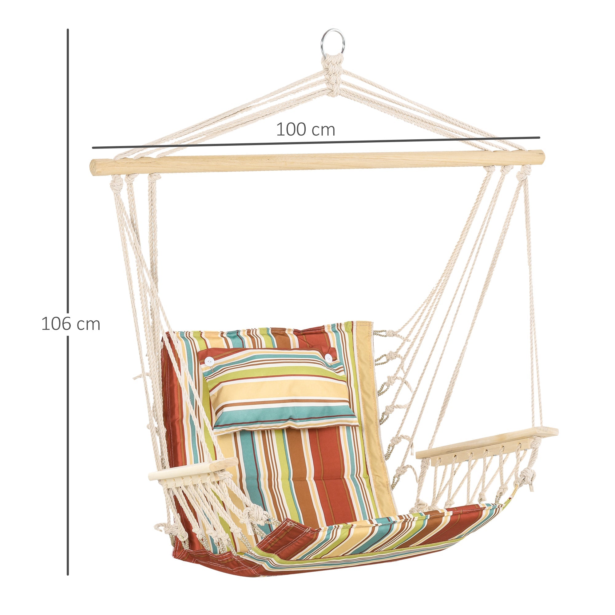 Hanging Hammock Chair Swing Chair, Thick Rope Frame Wide Seat Indoor Outdoor, Multi-Color Stripe
