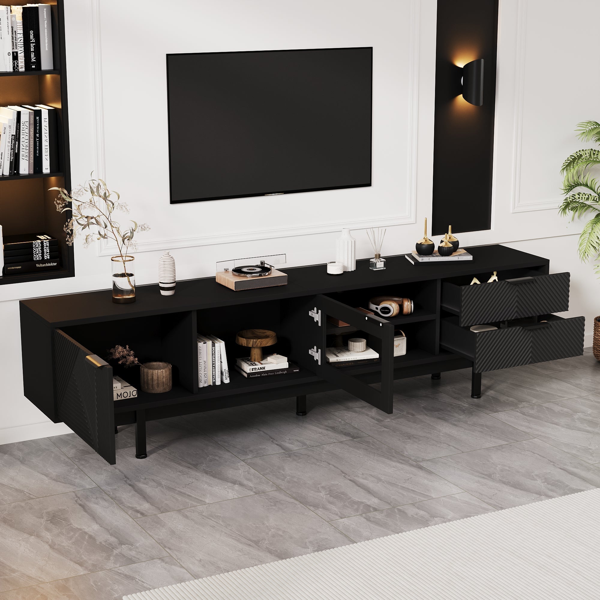 TV Cabinet, 2-Door 2-Drawer Lowboard TV Stand for 80-Inch TVs, Black