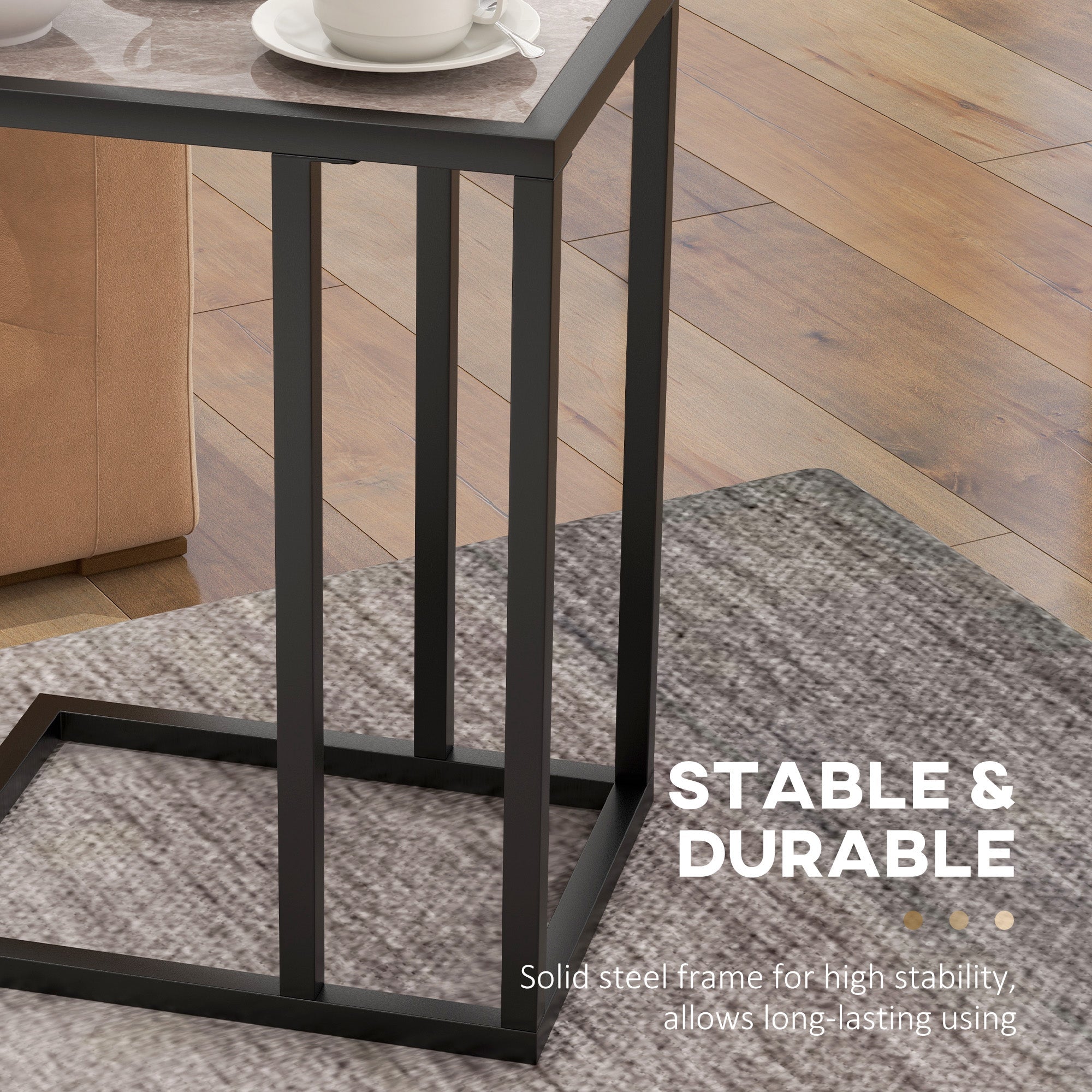 C Shape Bedside Table, Metal Frame Marble-Effect Top Snack End Table, Grey