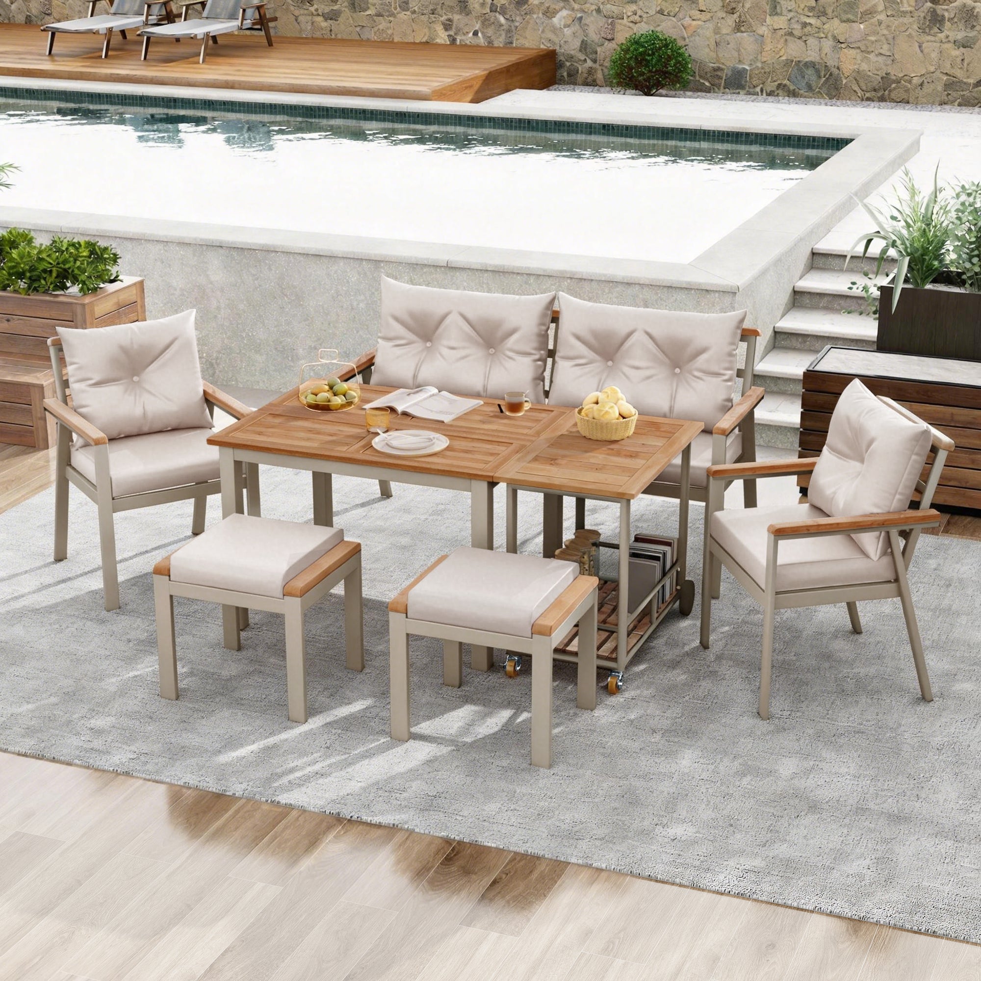 Garden Dining Table and Chair Set, 6-7 Seater with Armchairs and Removable Trolley, Acacia Wood