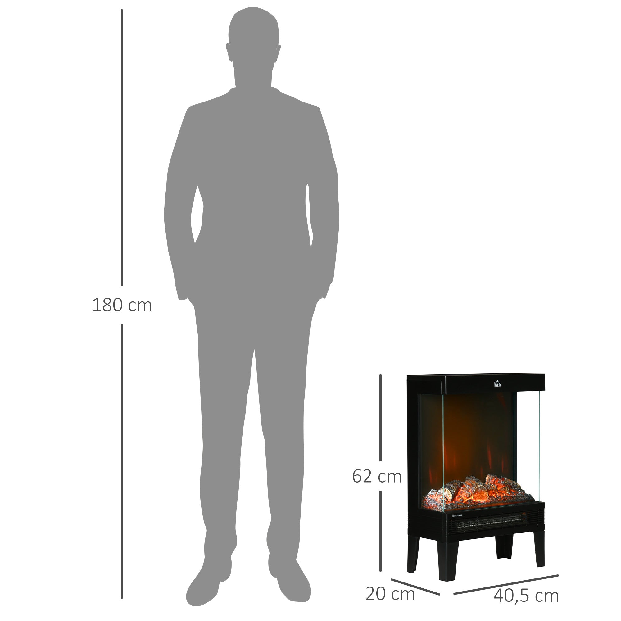 Electric Fireplace Heater Freestanding Stove, 180° LED Flame Effect 1000W/2000W, Black