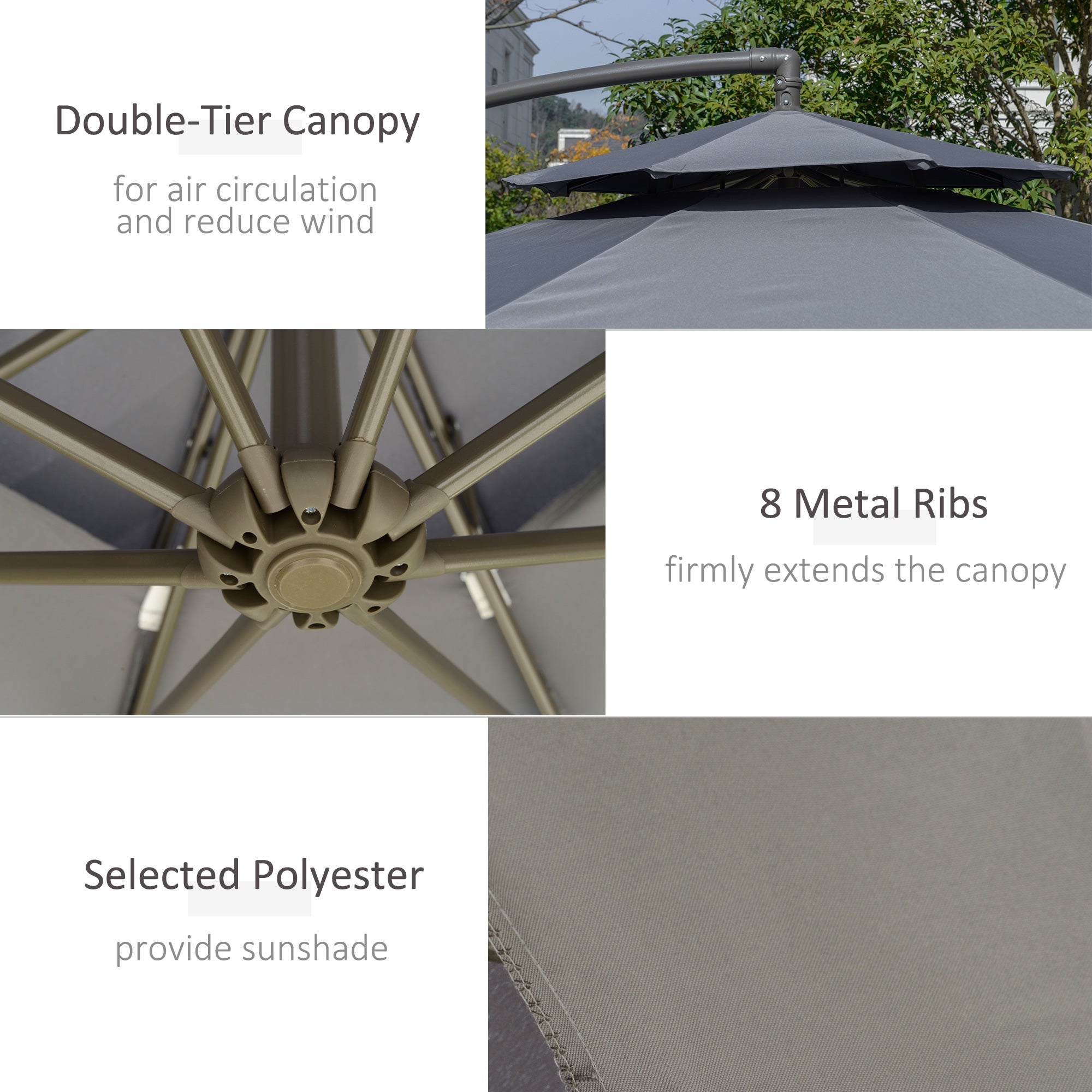 2.7m Garden Banana Parasol Cantilever Umbrella, Crank Handle Double Tier Canopy, Dark Grey
