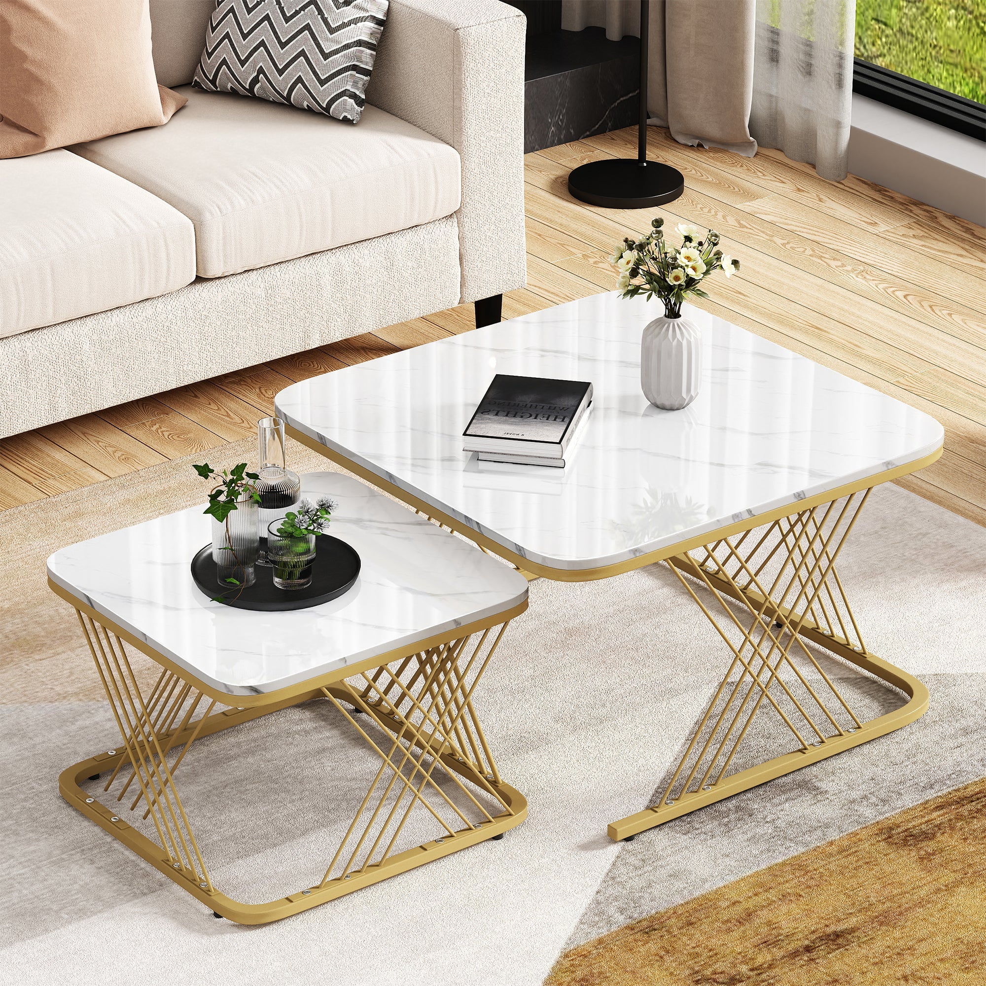 Nest of 2 Tables Coffee Table Set, Gold Metal Frame & Marble Pattern Top, White + Gold