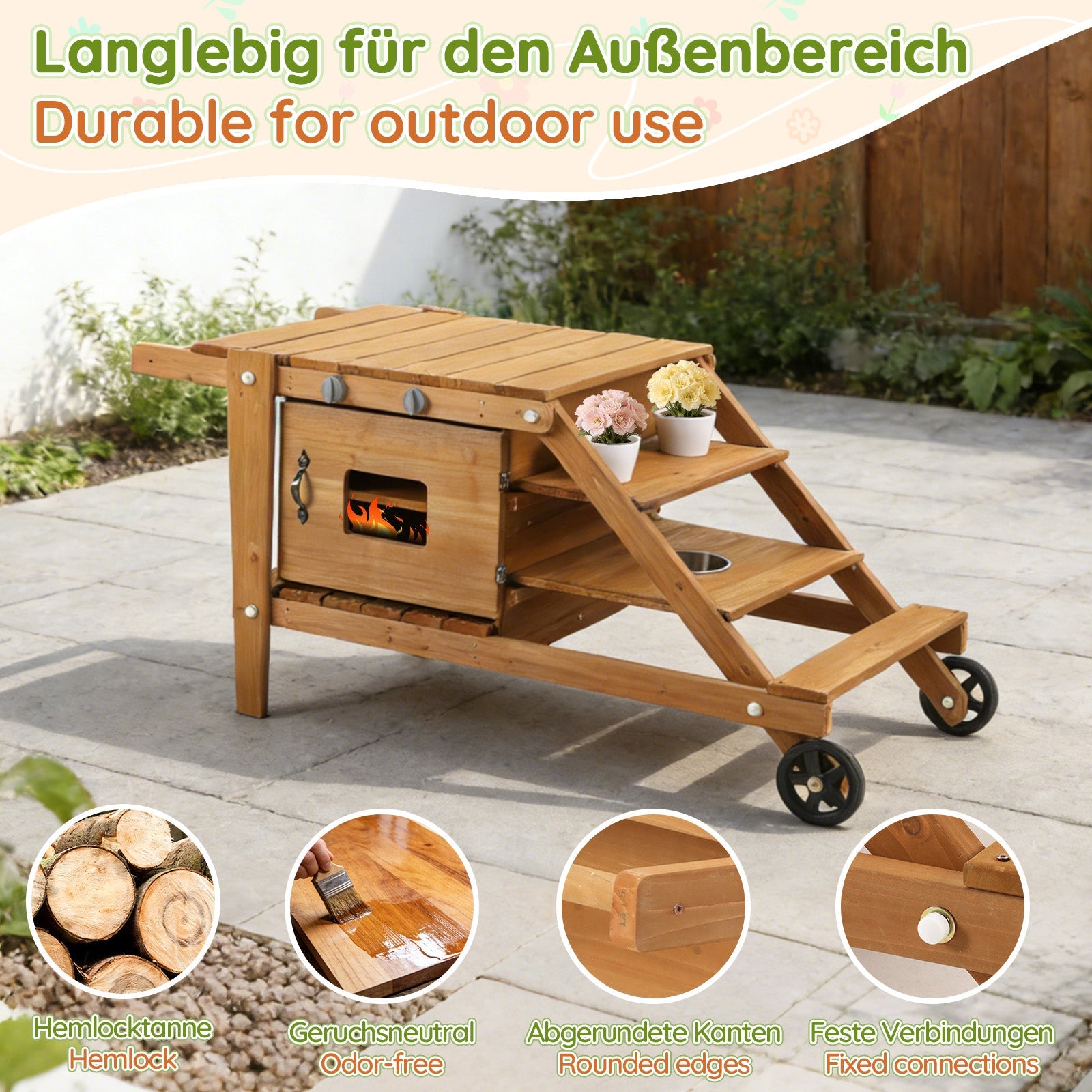 Outdoor Mud Kitchen with Wheels and Accessories, Wooden Garden Play Set, Natural Wood