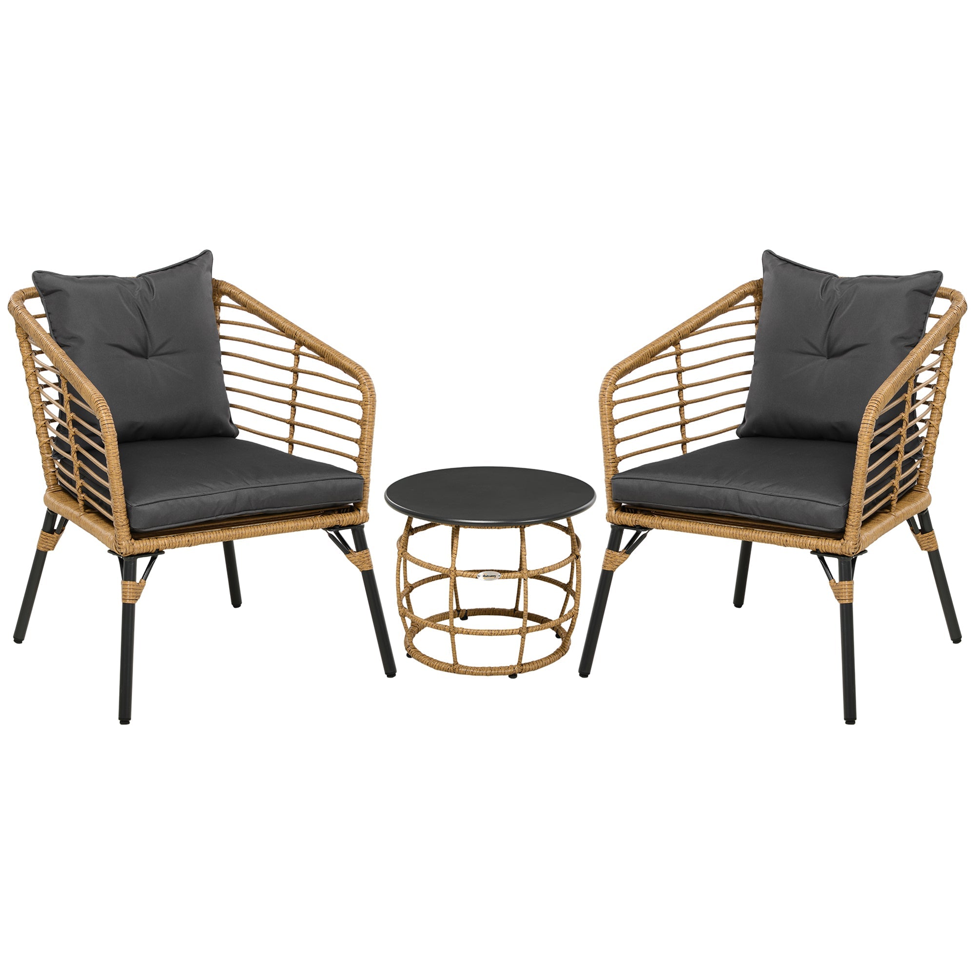Rattan Garden Furniture Set, 3-Piece Bistro with Table & 2 Chairs, Sand/Dark Grey