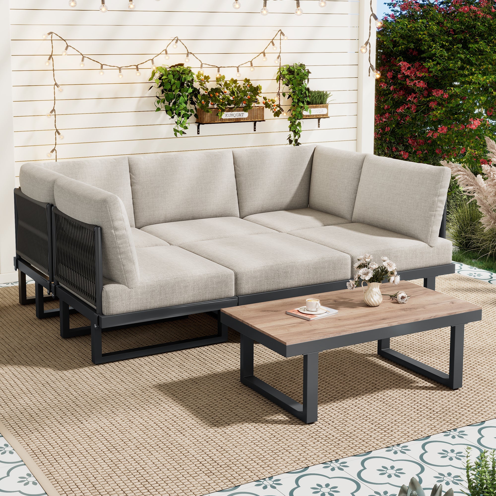 Garden Furniture Set with Convertible Daybed and Coffee Table, Galvanized Steel, Grey