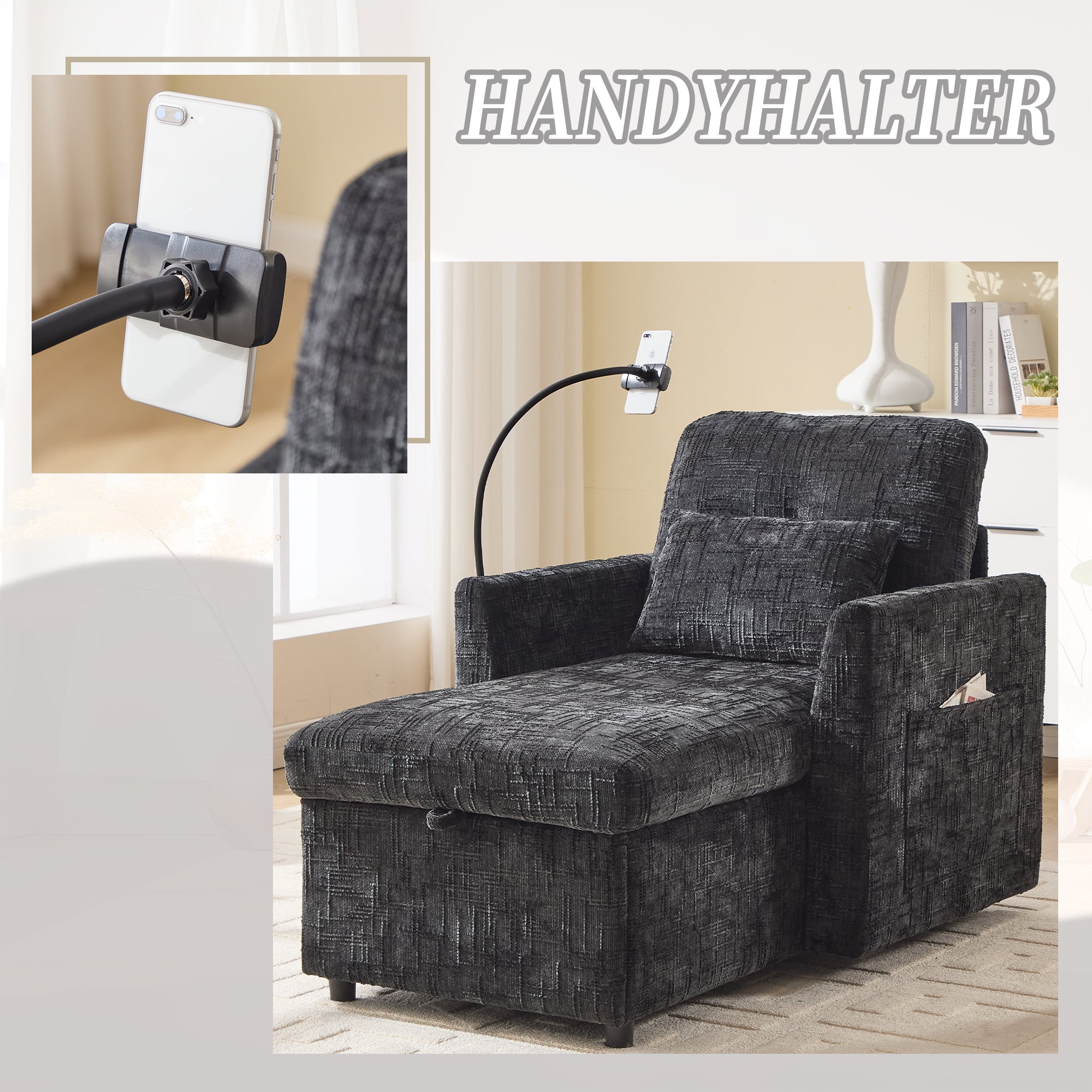 Lazy Sofa, Multifunctional with Phone Holder & Stowable Backrest, Chenille