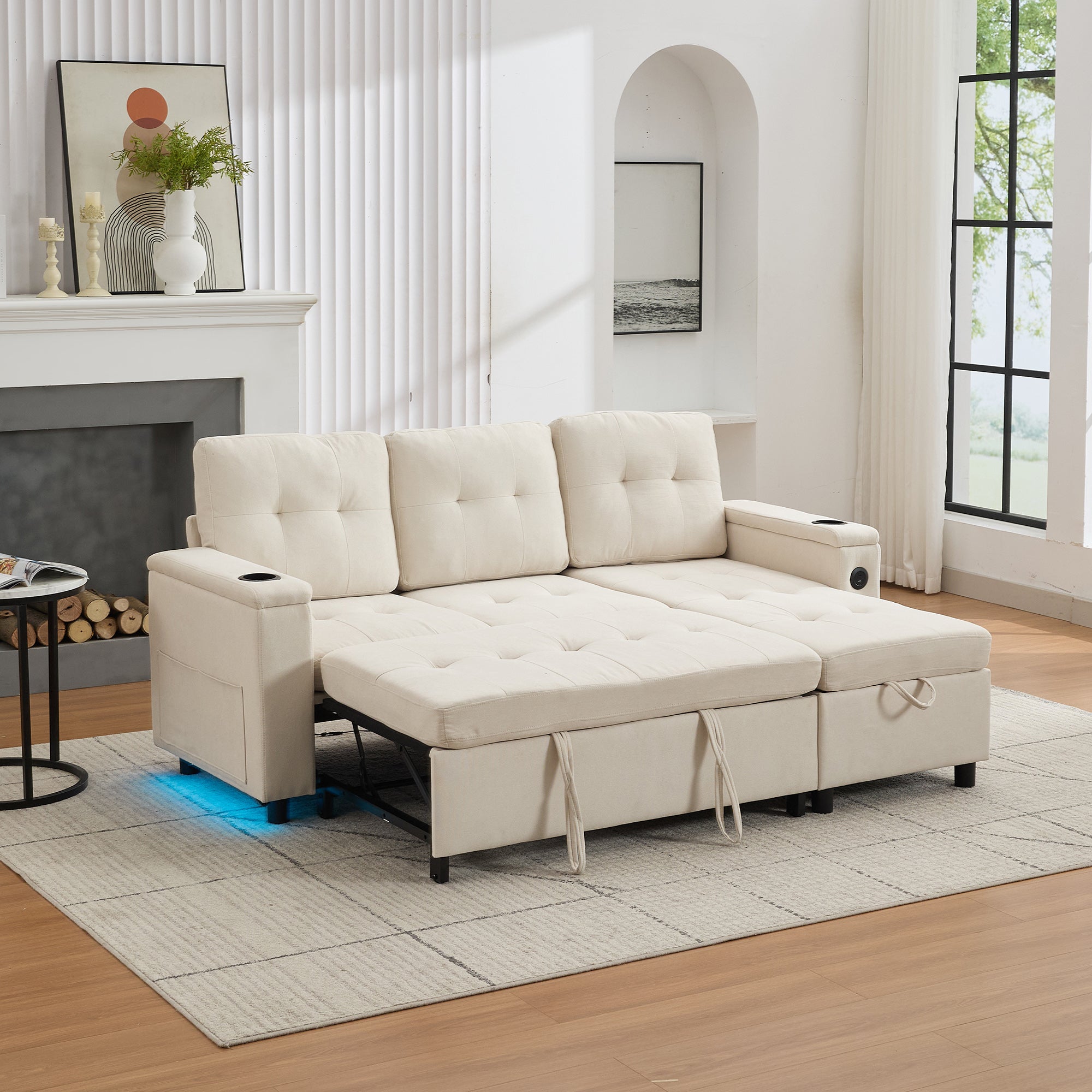 Treviso L-Shaped Sofa Bed 3-Seater Fold-Out Hidden Storage LED Strip Beige