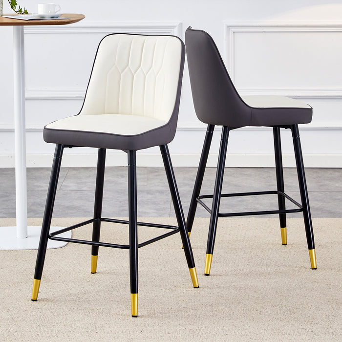 Bar Stools Set of 2, 100cm, Black Metal Frame, Footrest - PU Leather White/Dark Grey