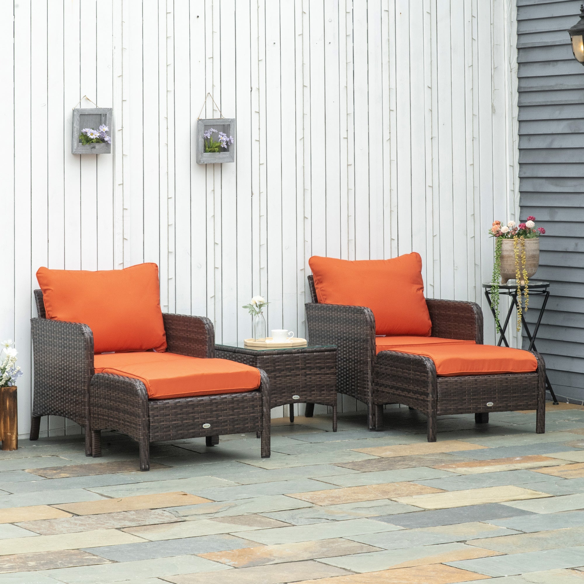 5 Piece PE Rattan Garden Furniture Set with Padded Cushions and Glass Top Table, Brown