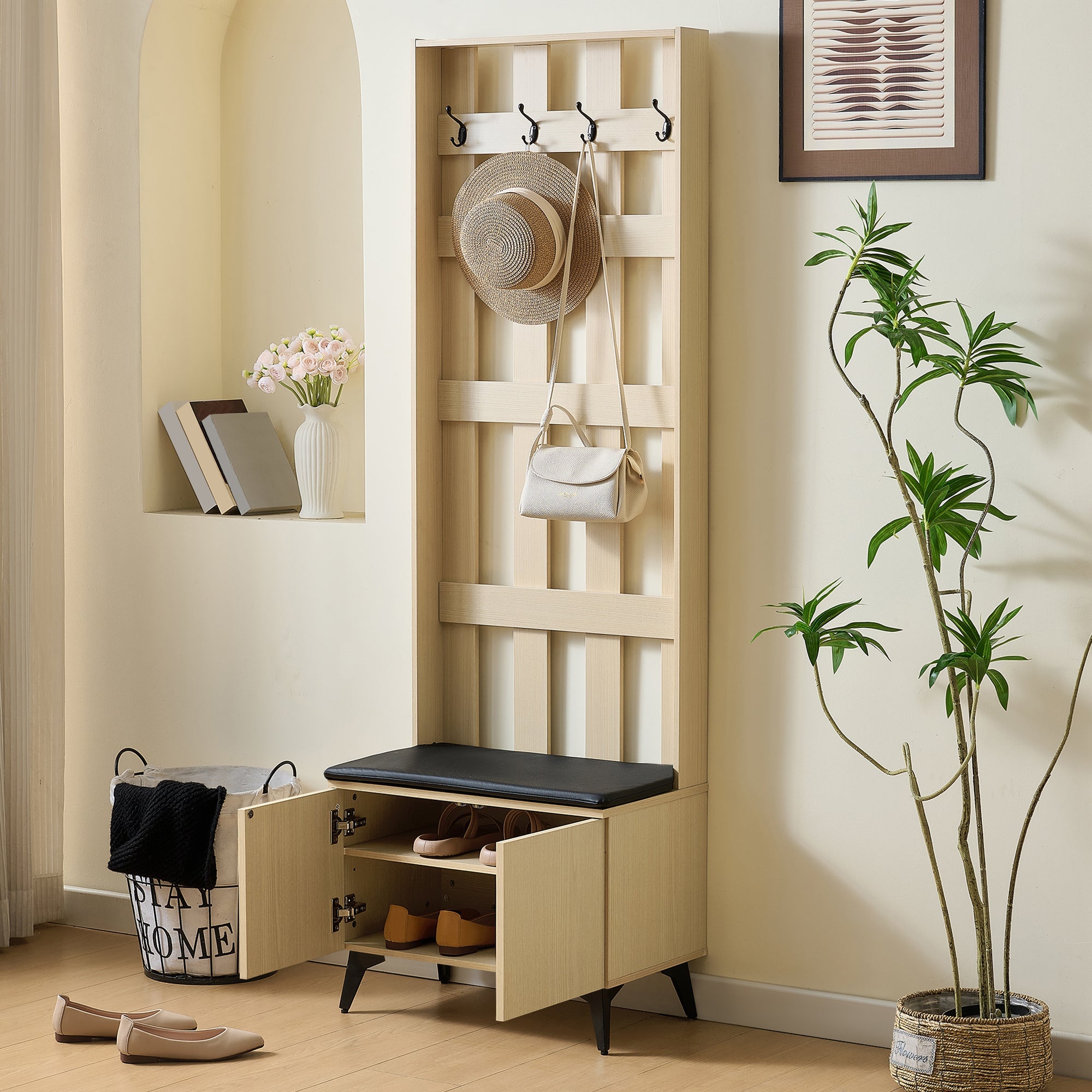 Modern Wardrobe with Bench and 4 Hooks, Storage, Black Steel Legs