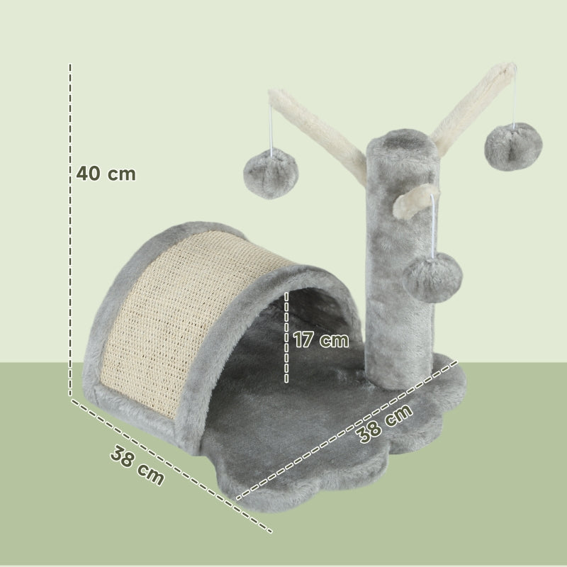 Katzenbaum, kleiner Turm mit Höhle, 2 Spielbälle, Kratzmatte, Hellgrau