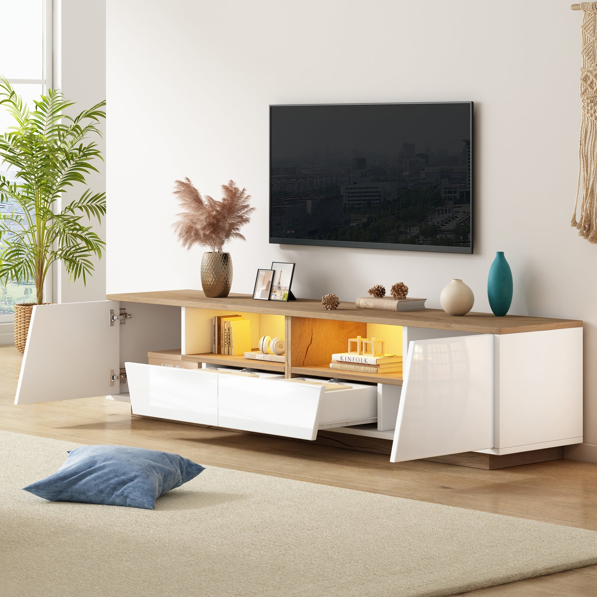 TV Cabinet 180x40x46cm LED High-Gloss Storage for 75 Inch TVs, White/Wood Splice