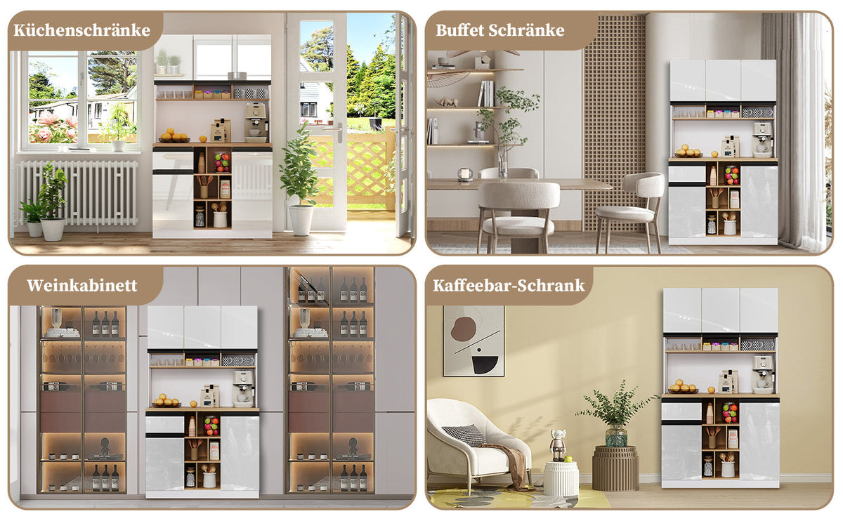 Modern Kitchen Cabinet with Drawers Adjustable Shelves Open Storage - White