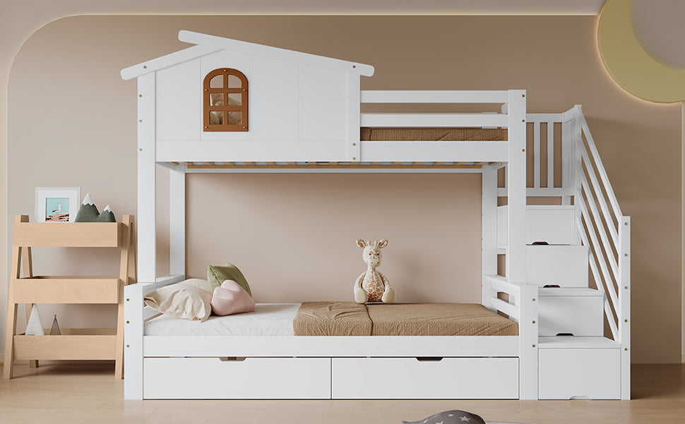 Bunk Bed, Two Drawers, Corner Ladder, Pine + MDF + Plywood, White + Natural