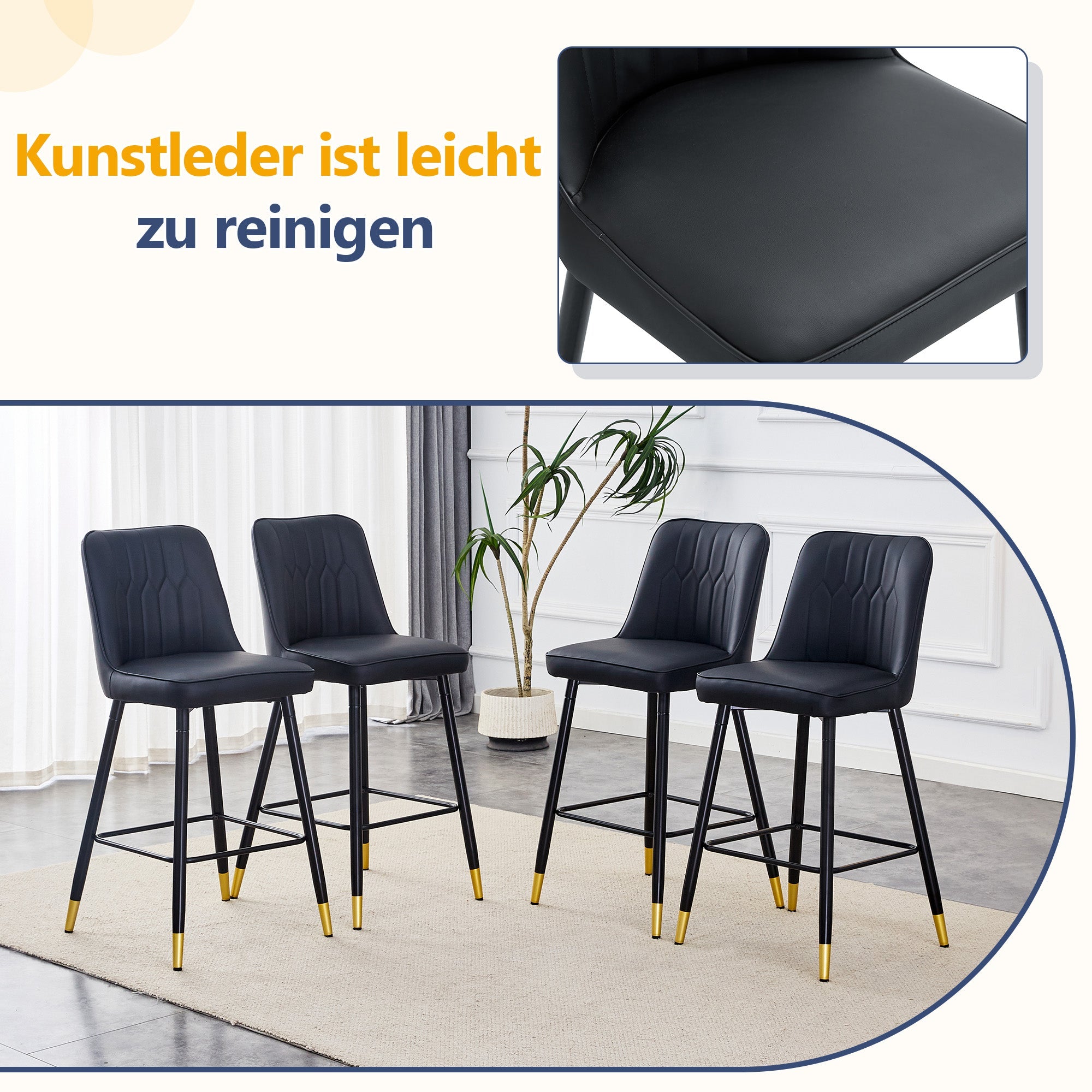 Set of 2 Bar Stools 100cm High Footrest - Black PU Leather