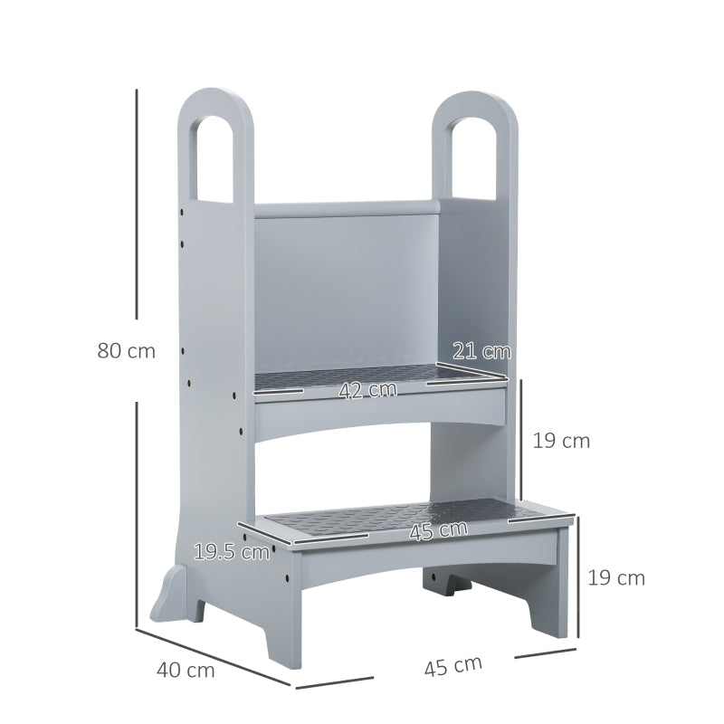 Kids Wooden Step Stool Kitchen Helper with Non-Slip Panels and Handles, Grey