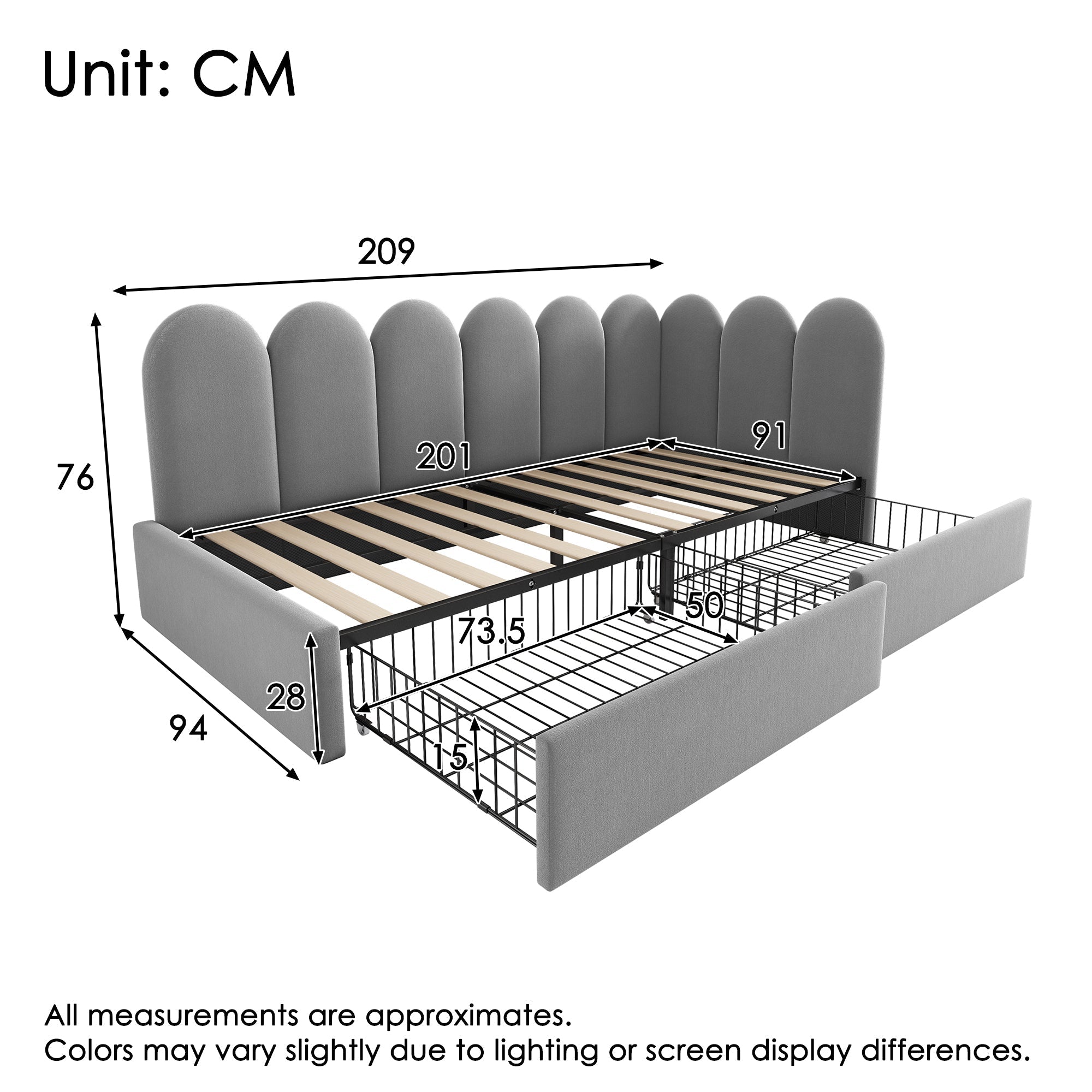 Upholstered Daybed with Drawers and Slatted Frame, 90x200cm, Gray Velvet