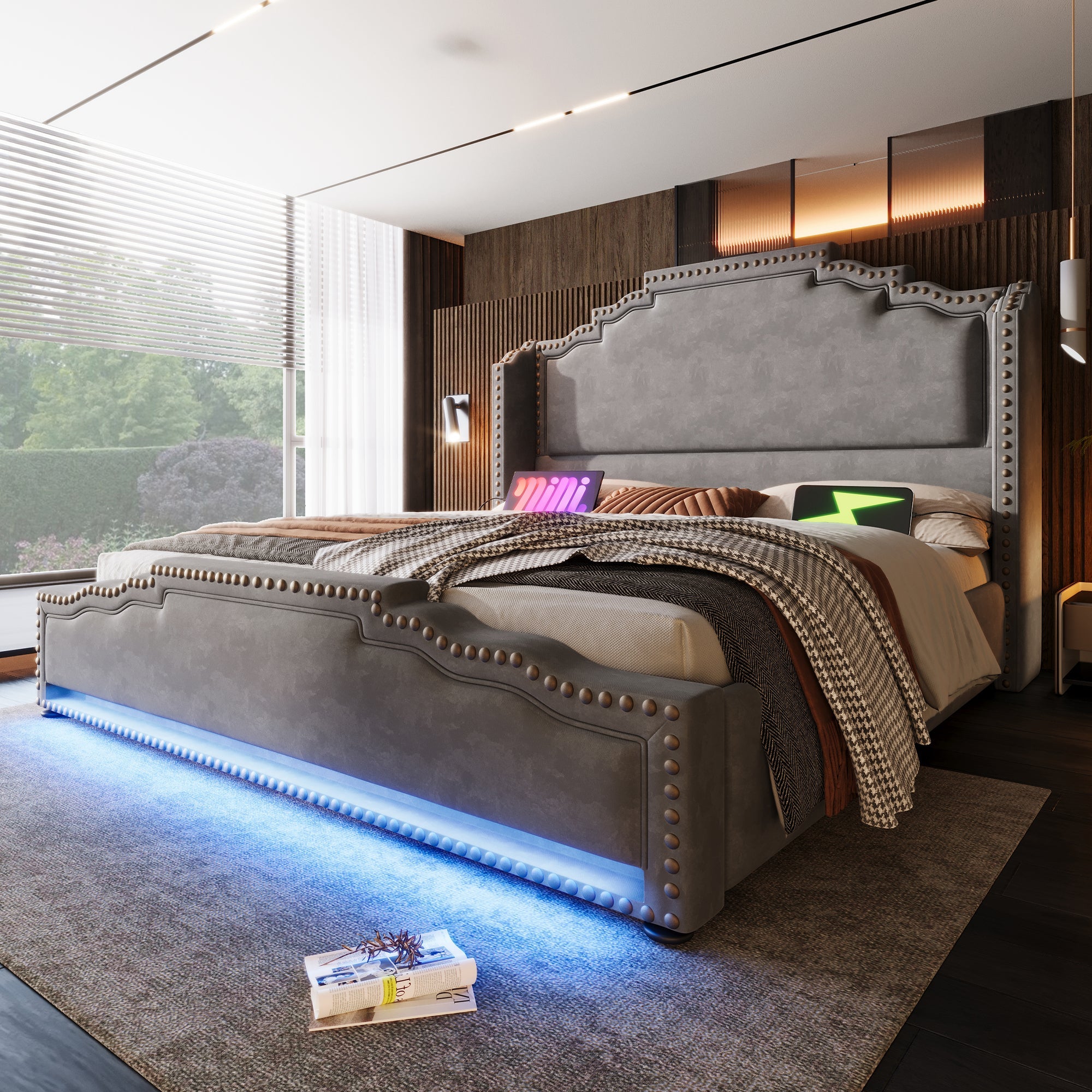 Upholstered Bed 140x200, Double with 4 Drawers, LED & USB-C, Velvet Grey