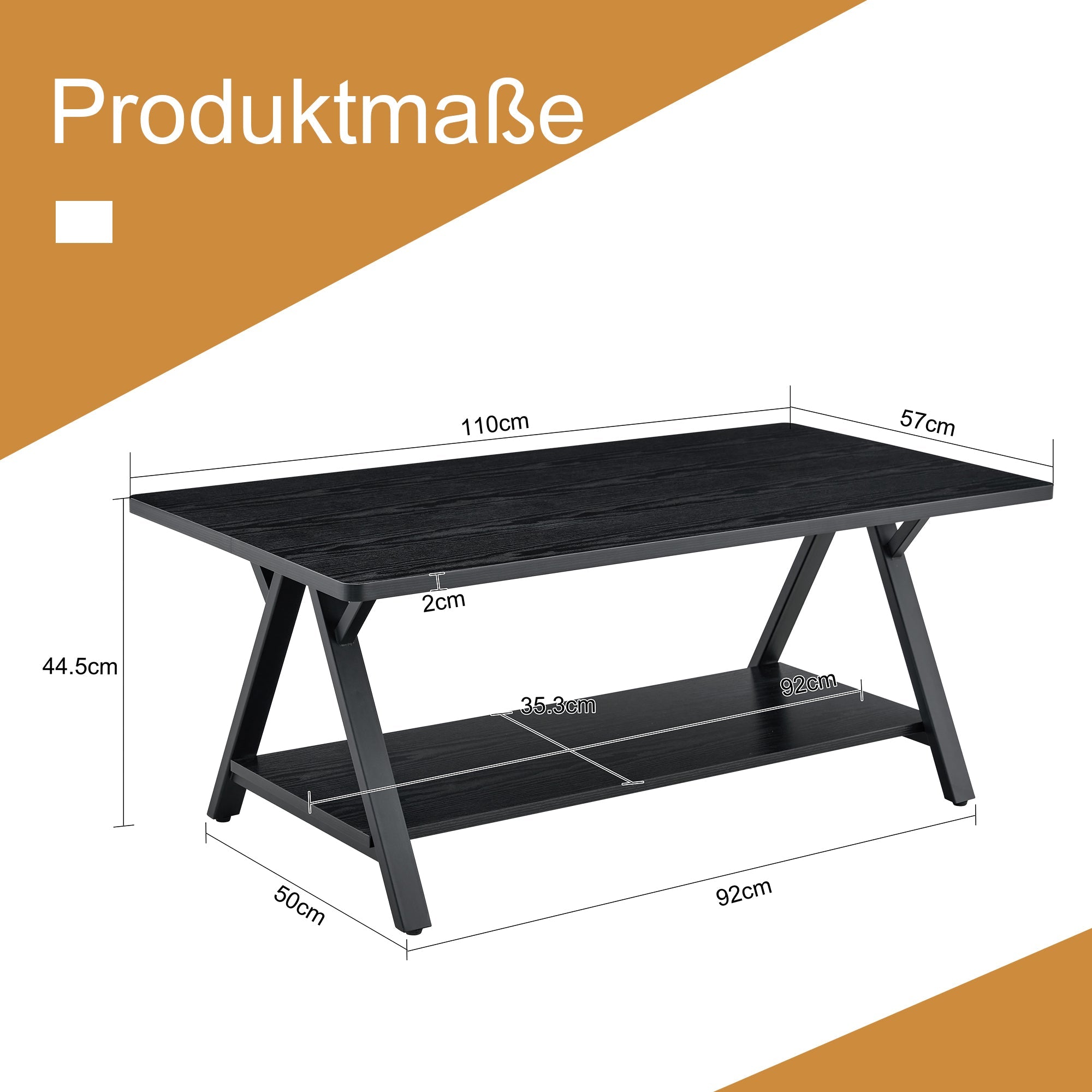 Modern Industrial Coffee Table with Storage Shelf and Metal Frame, 110x57x44.5cm, Black Wood Grain