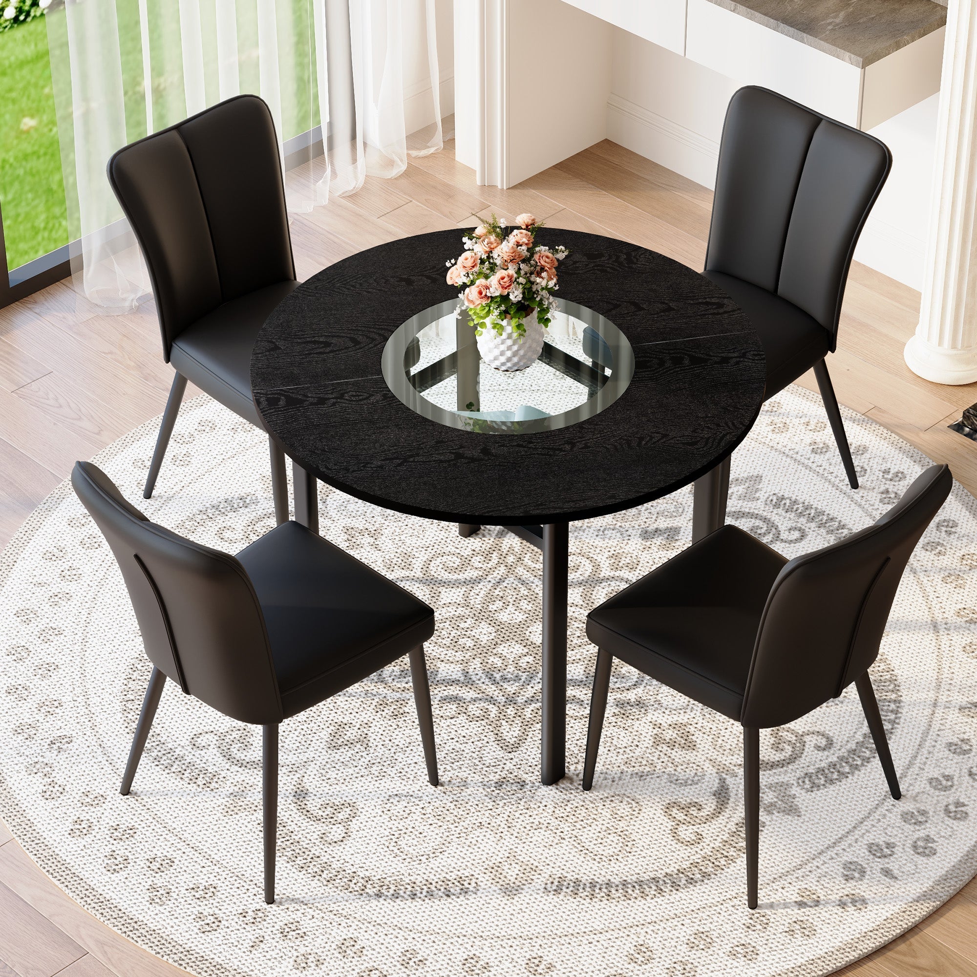 Round Table Set 100cm 4 Armchairs Minimalist - Black