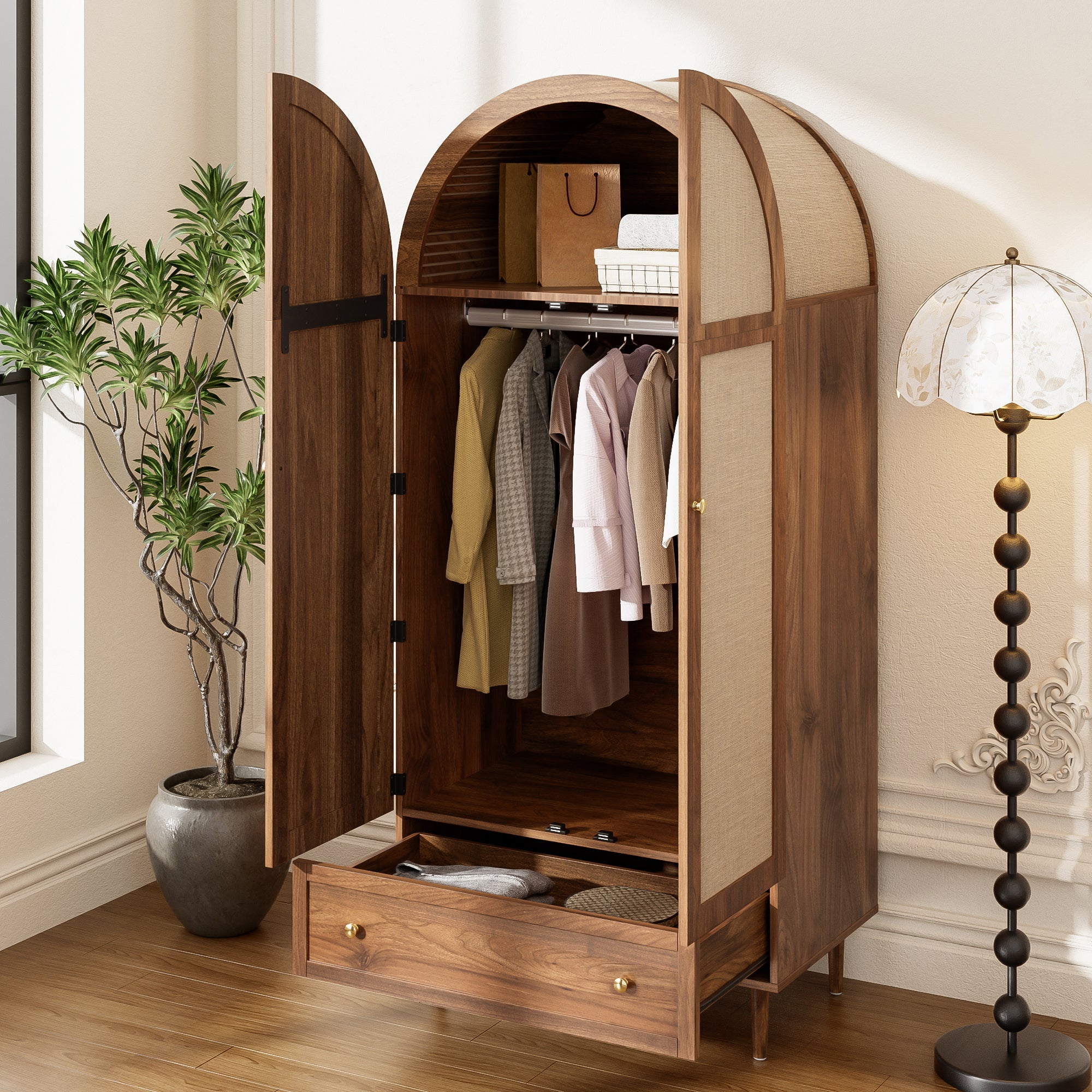 Wardrobe with Drawers Linen Fabric Wooden Doors