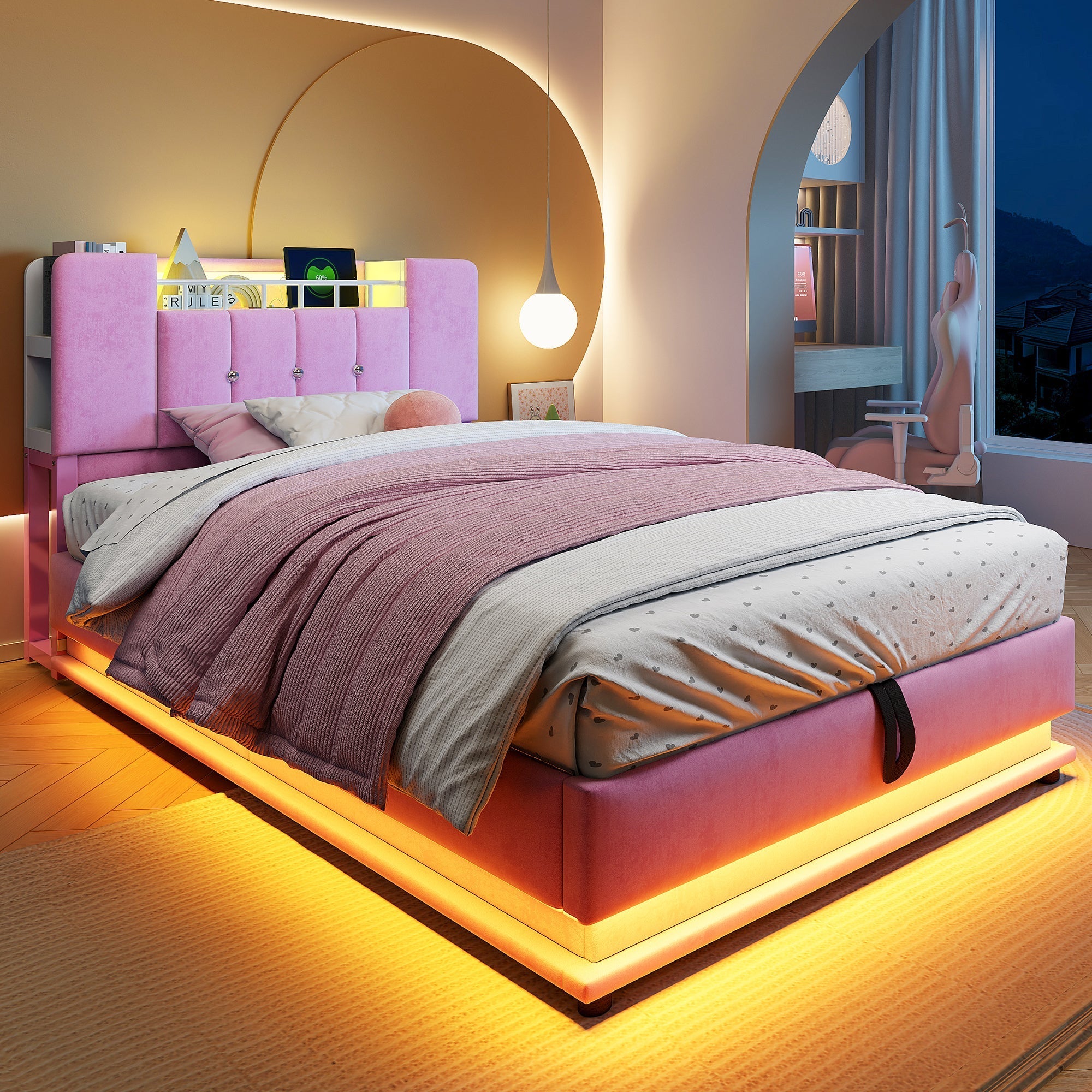 Smart Upholstered Bed for Children with LED, USB, and Hydraulic Storage, Pink Velvet