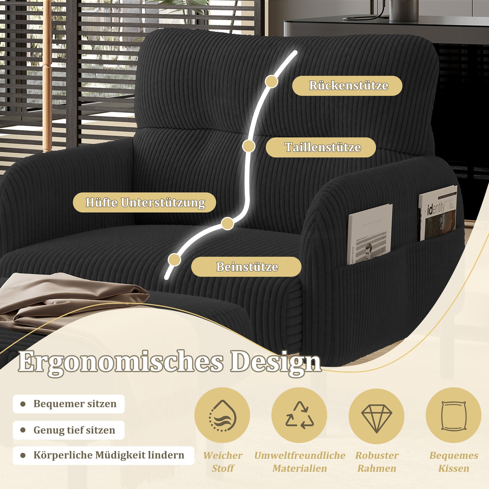 Sofa/Chair Comfortable with Side Pockets, Solid Structure - Velvet Fabric