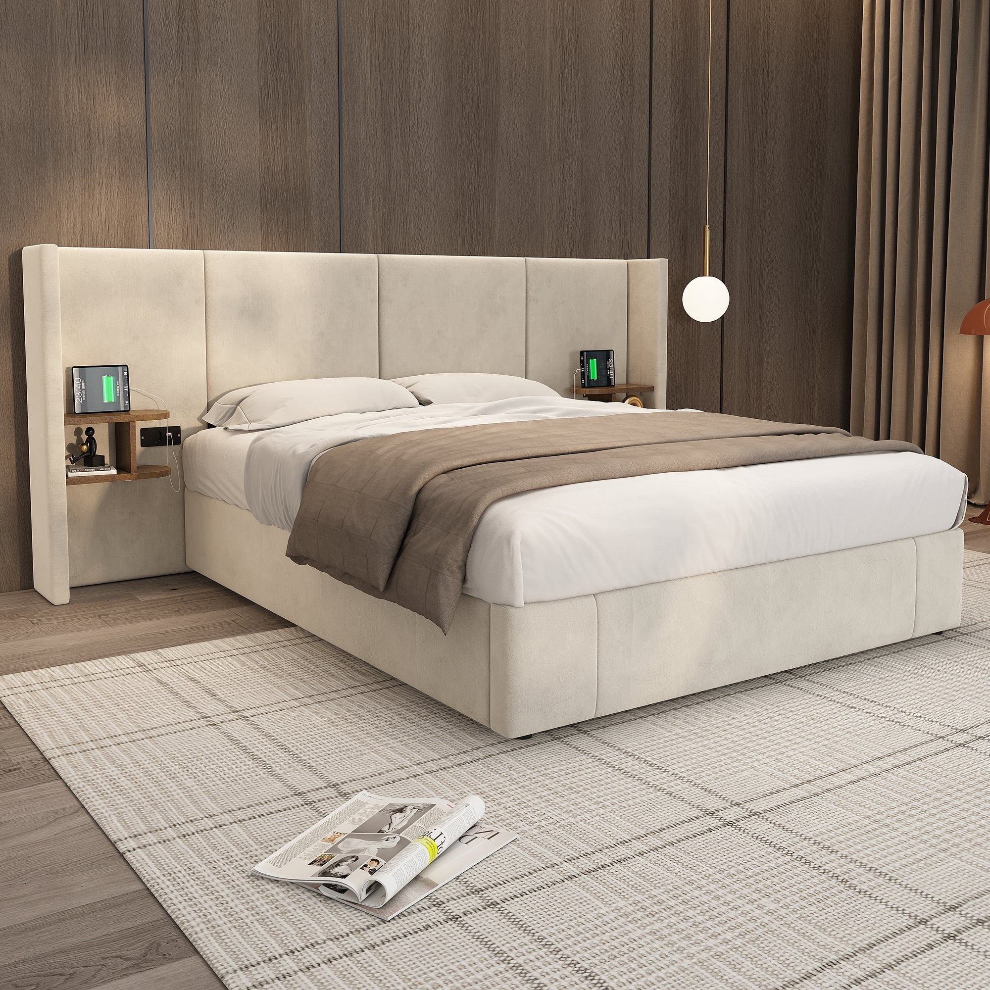 Upholstered Bed 160x200cm Hydraulic Storage USB Power Outlets 2 Bedside Tables Velvet Beige