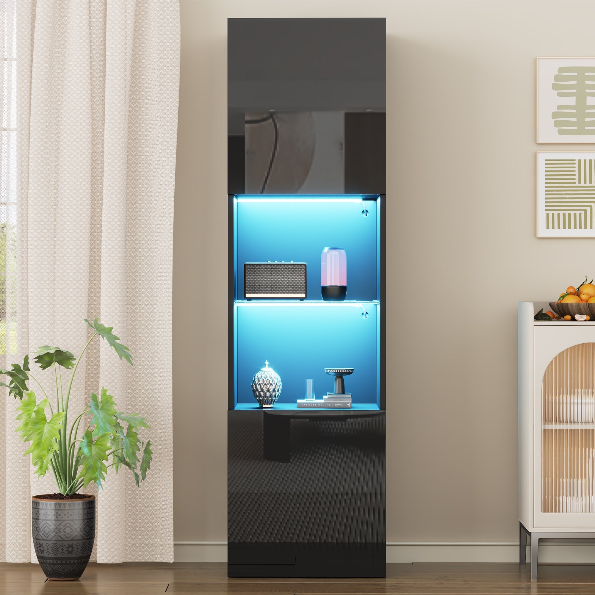 Display Cabinet, Freestanding with LED Lighting, 1 Glass Shelf, Black