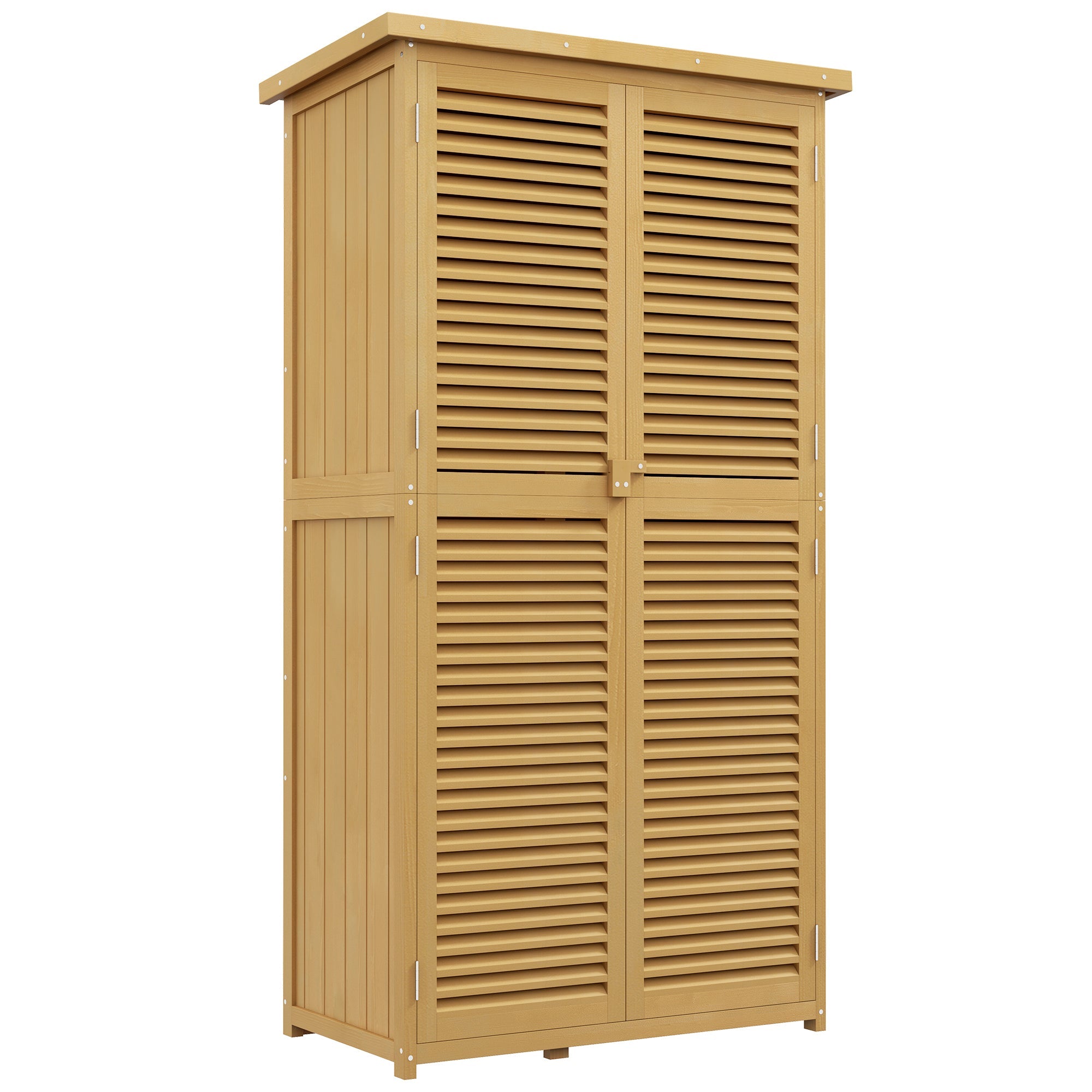 Garden Shed/Tool House, Asphalt Roof Louvered Door 4 Compartments, Wooden Light Yellow