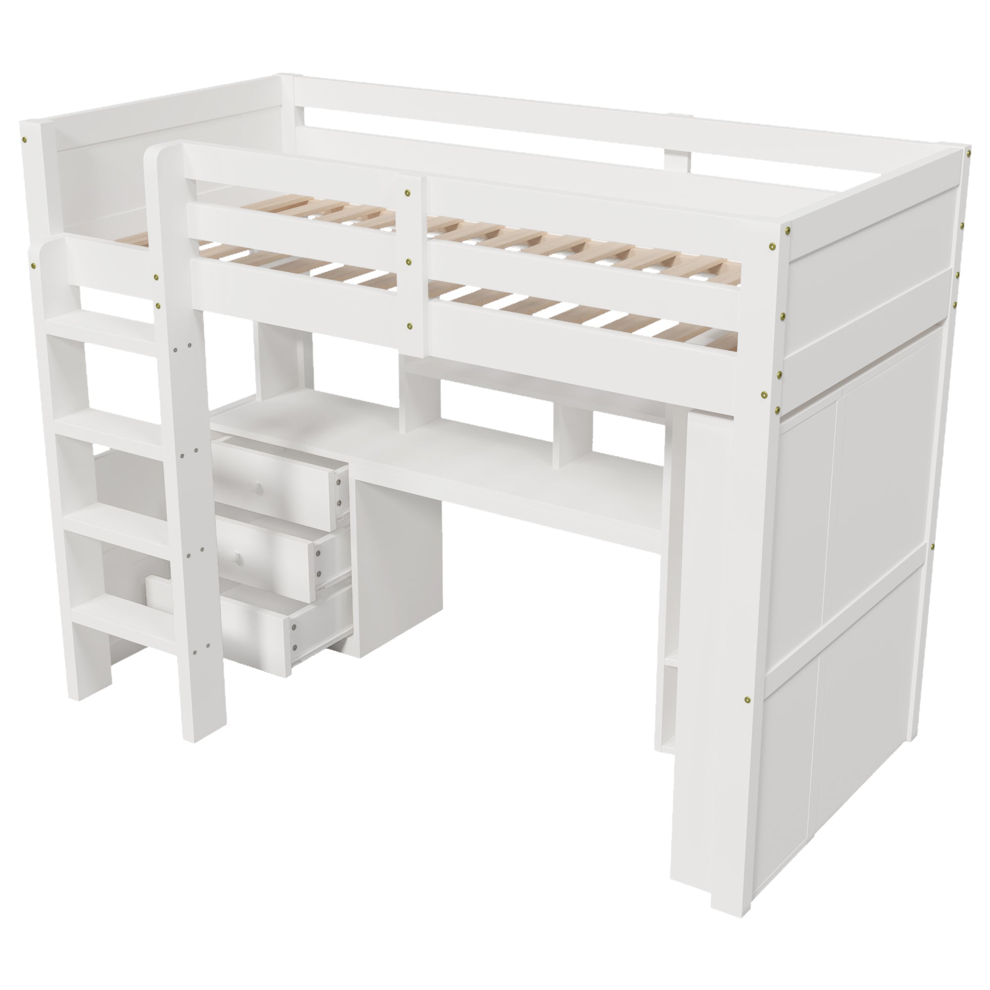 Loft Bed 90x200cm LED Wardrobe Desk Drawers Storage - White