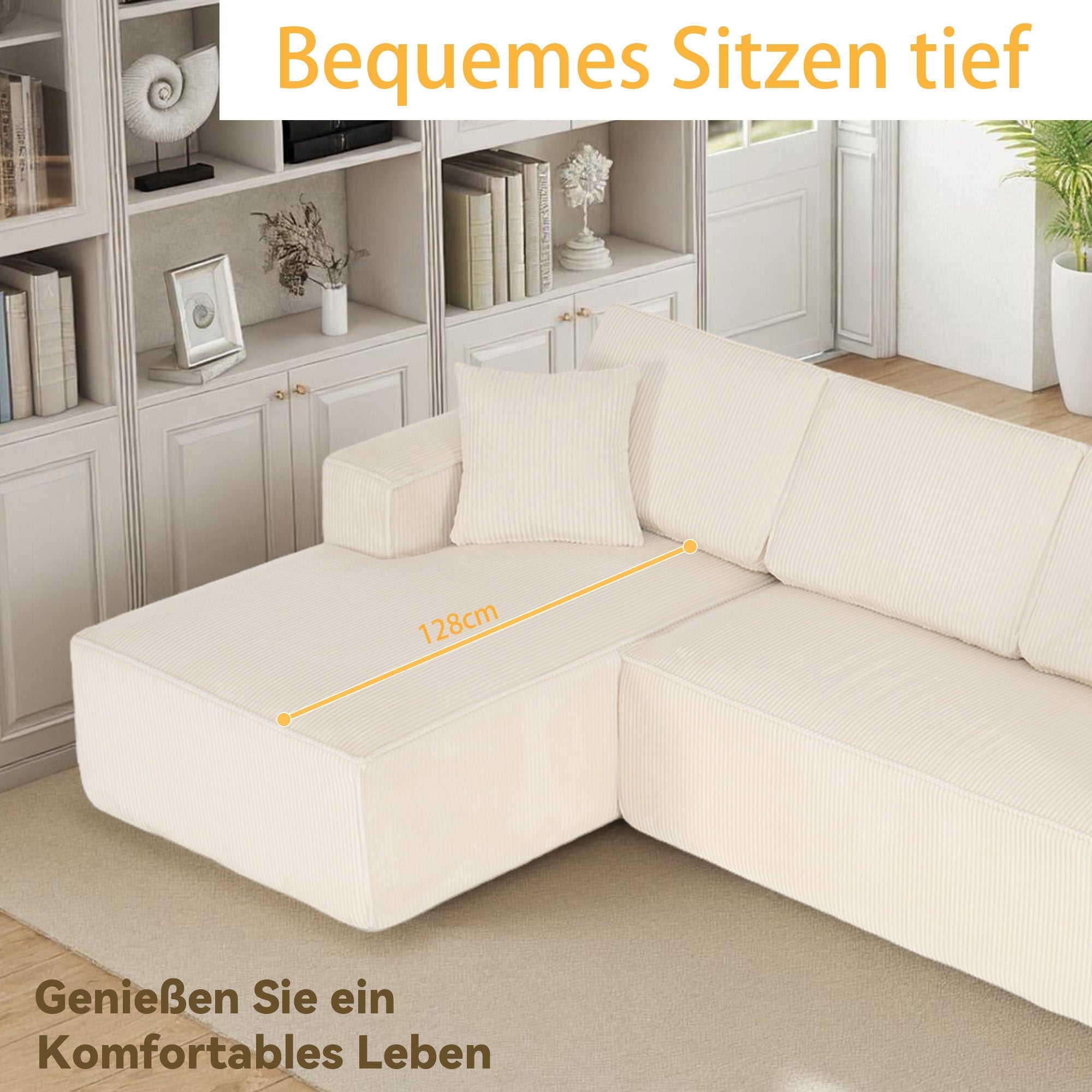 L-Shaped Sofa with Chaise Longue and High-Density Foam, Corduroy Beige