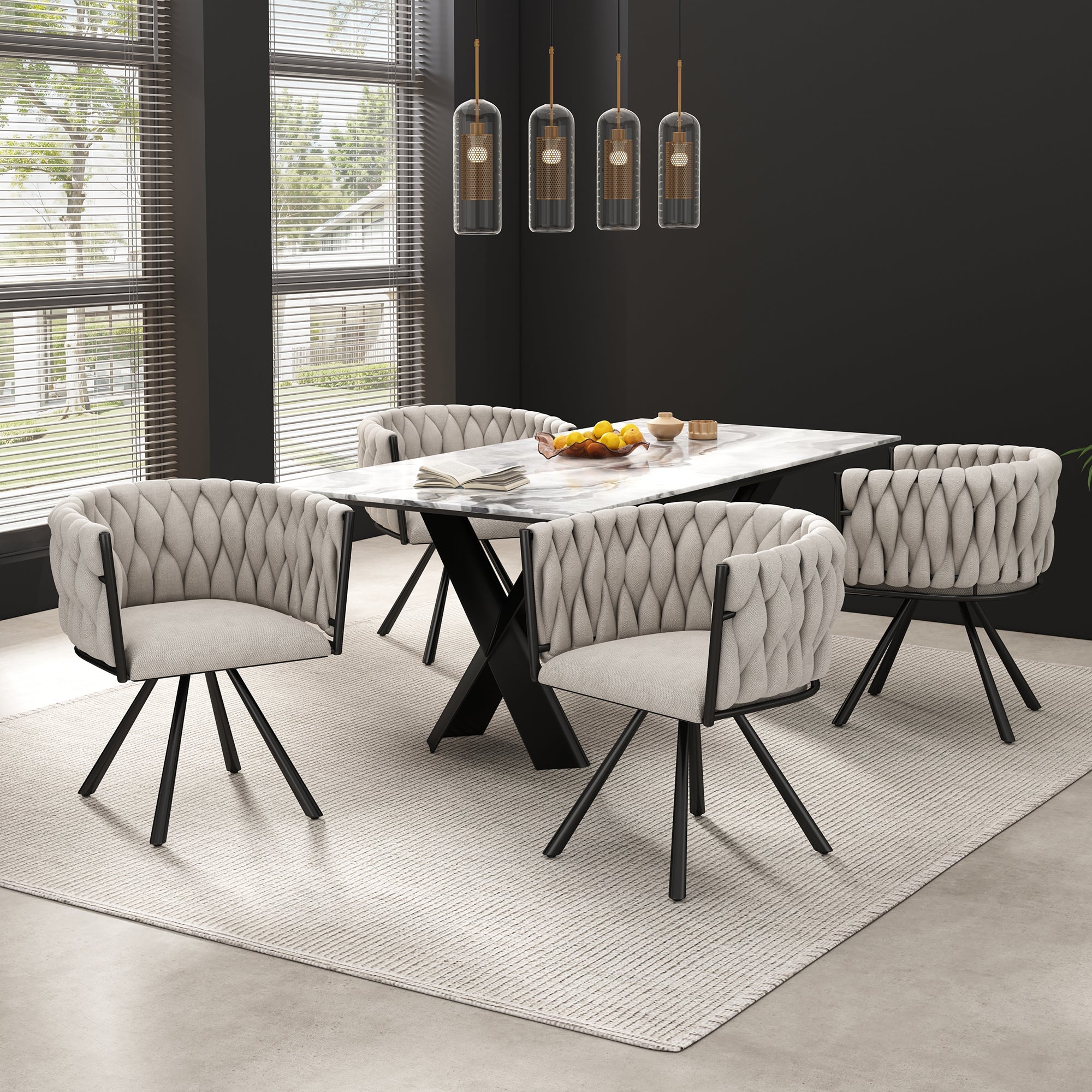 Linen Dining Chairs, Set of 2, Swivel Design with Metal Support Legs, Beige and Black Linen