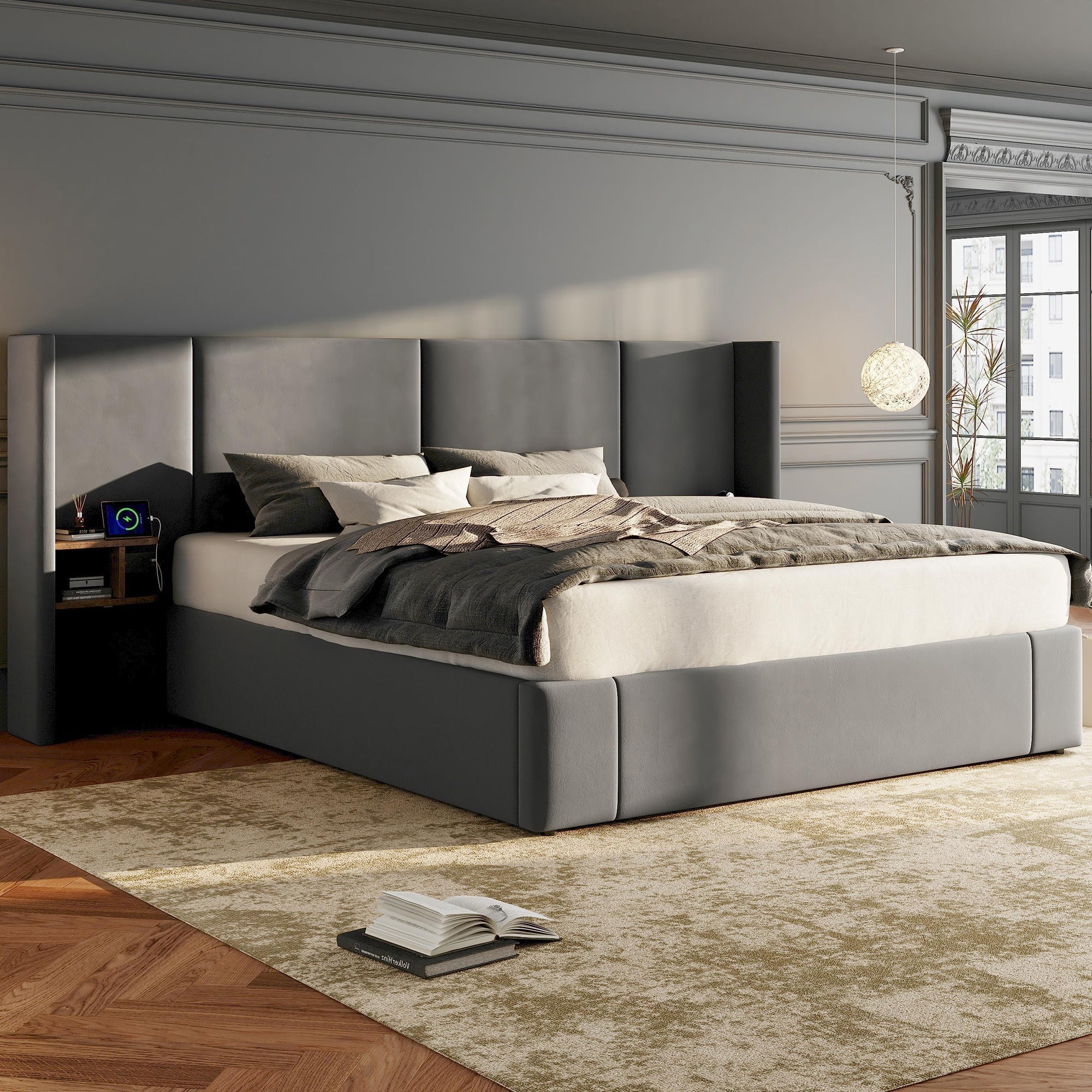Upholstered King Size 5ft (150*200cm) Ottoman Lift Up Bed Frame with USB, Sockets & Bedside Tables, Velvet Grey