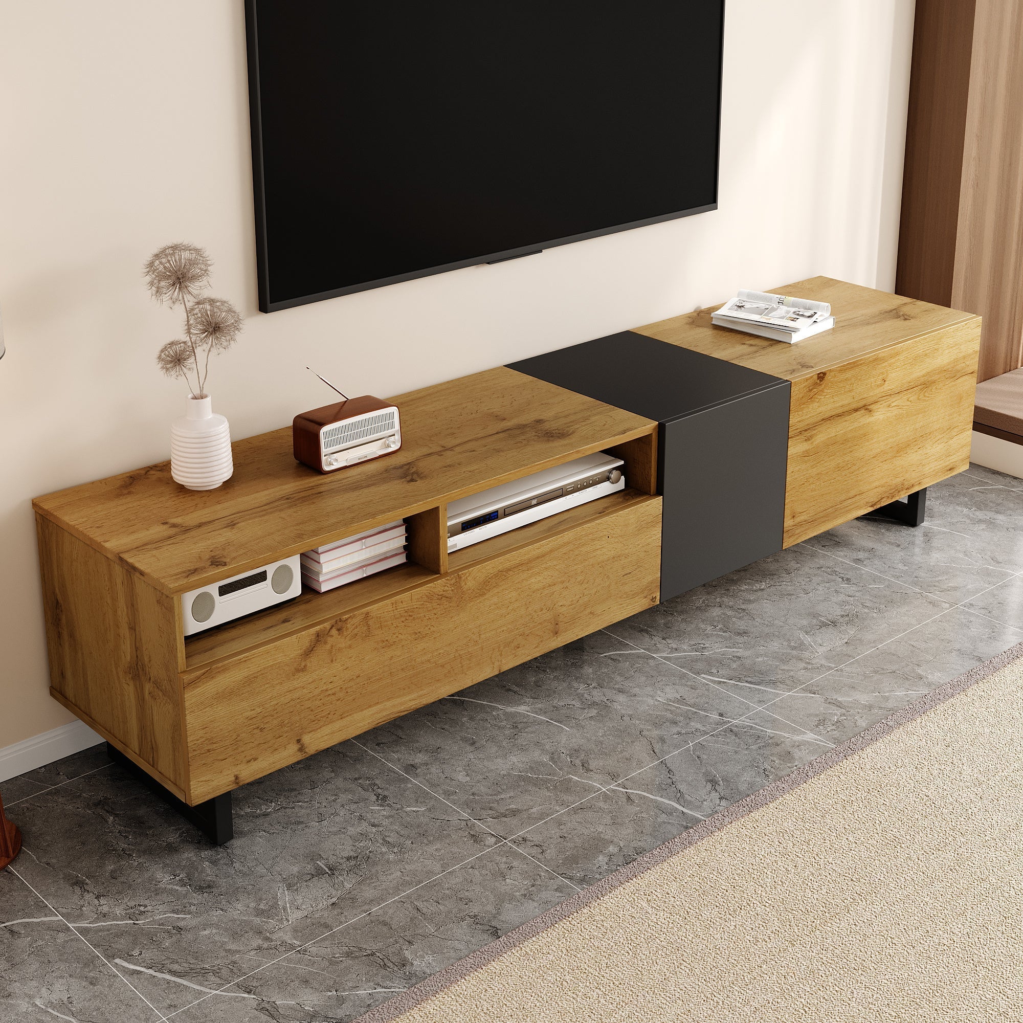 Colorblock TV Cabinet, 3 Doors 2 Compartments U-shaped Metal Legs, Retro Wood Grain